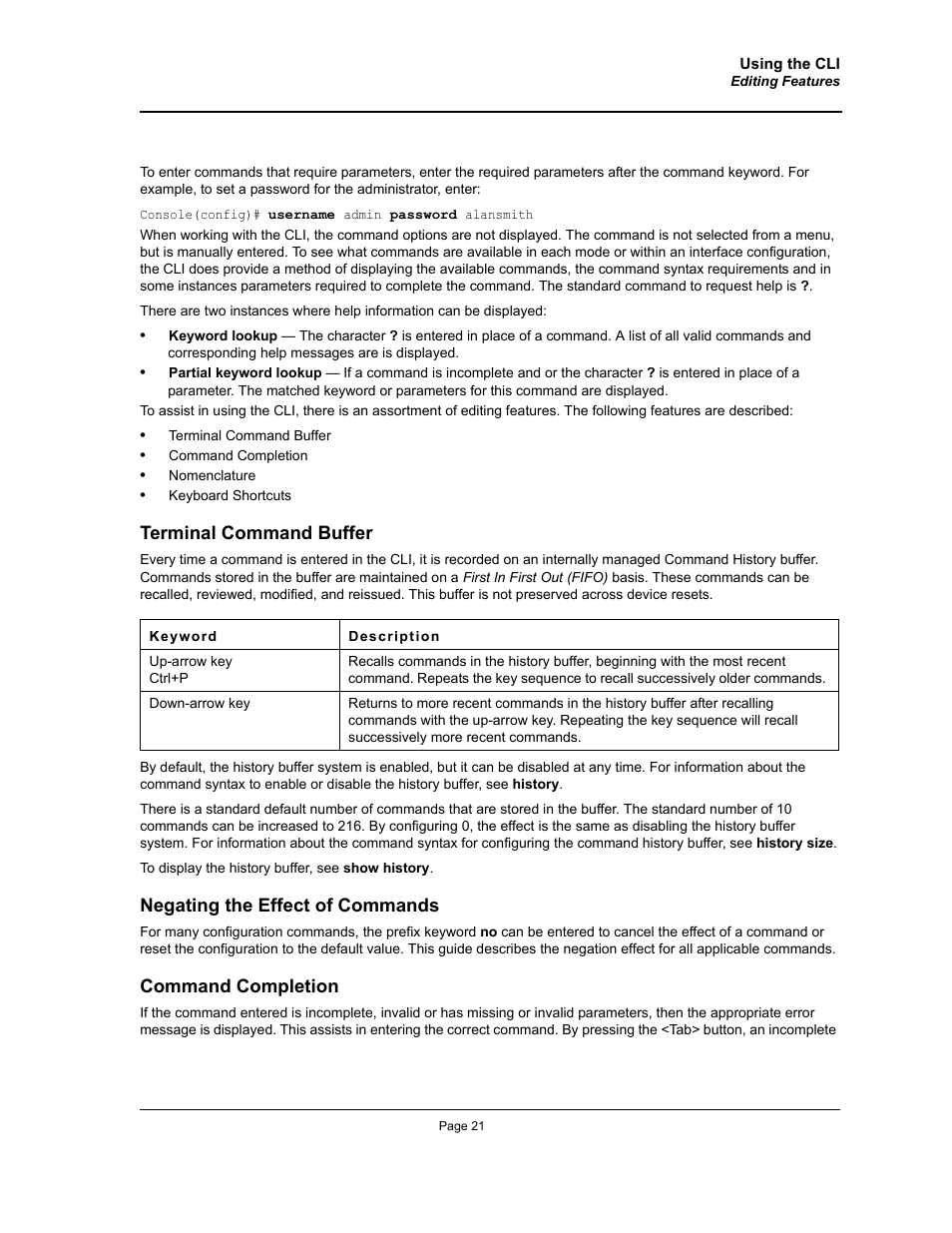 Terminal command buffer, Negating the effect of commands, Command completion | Allied Telesis AT-S95 CLI User Manual | Page 21 / 392