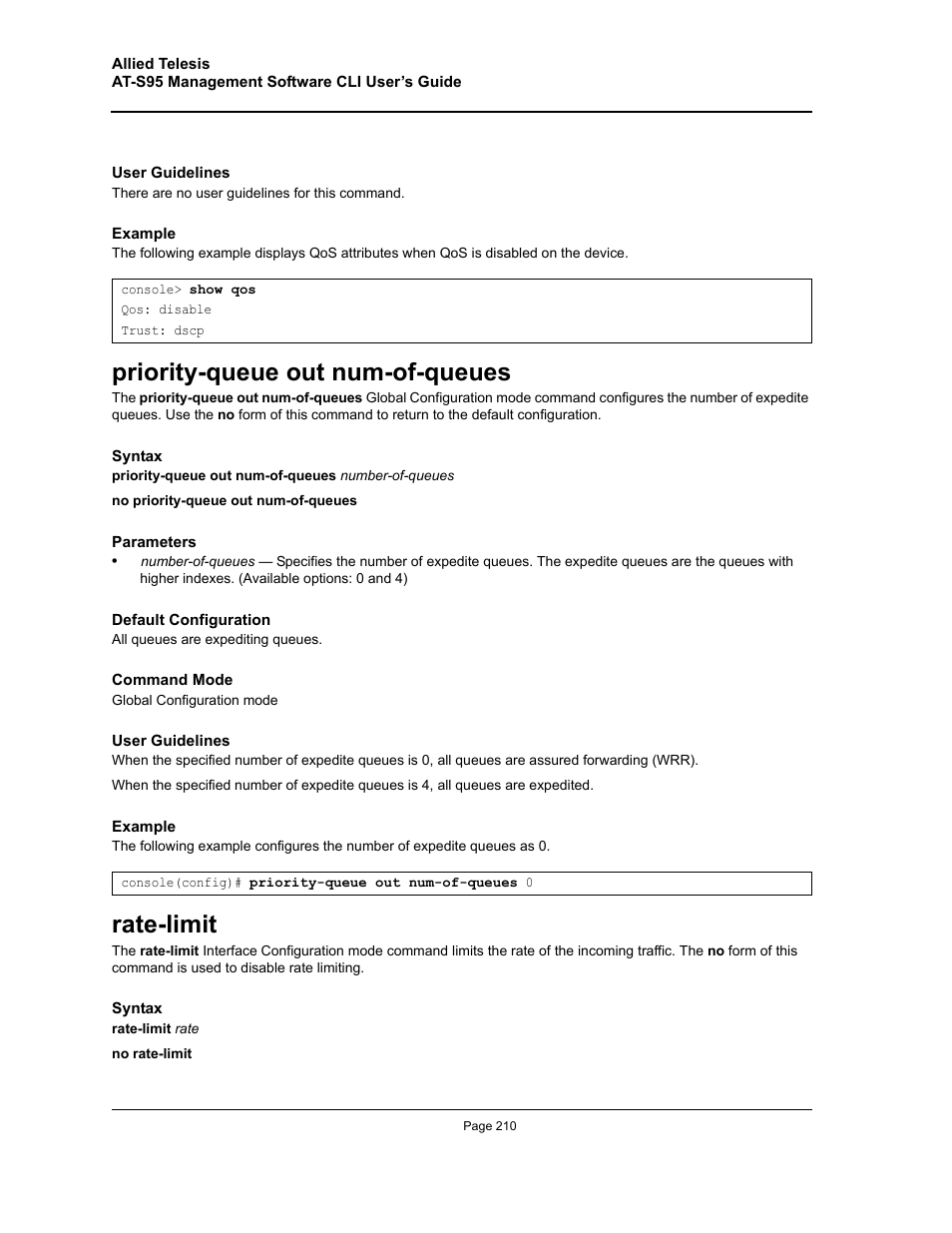 Priority-queue out num-of-queues, Rate-limit, Priority-queue out num-of-queues rate-limit | Allied Telesis AT-S95 CLI User Manual | Page 210 / 392