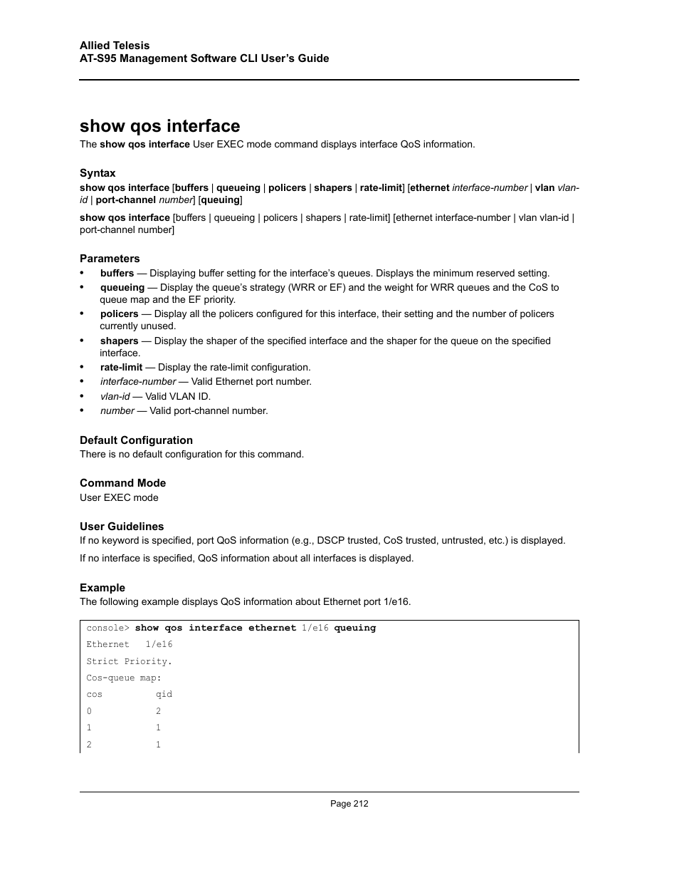 Show qos interface | Allied Telesis AT-S95 CLI User Manual | Page 212 / 392