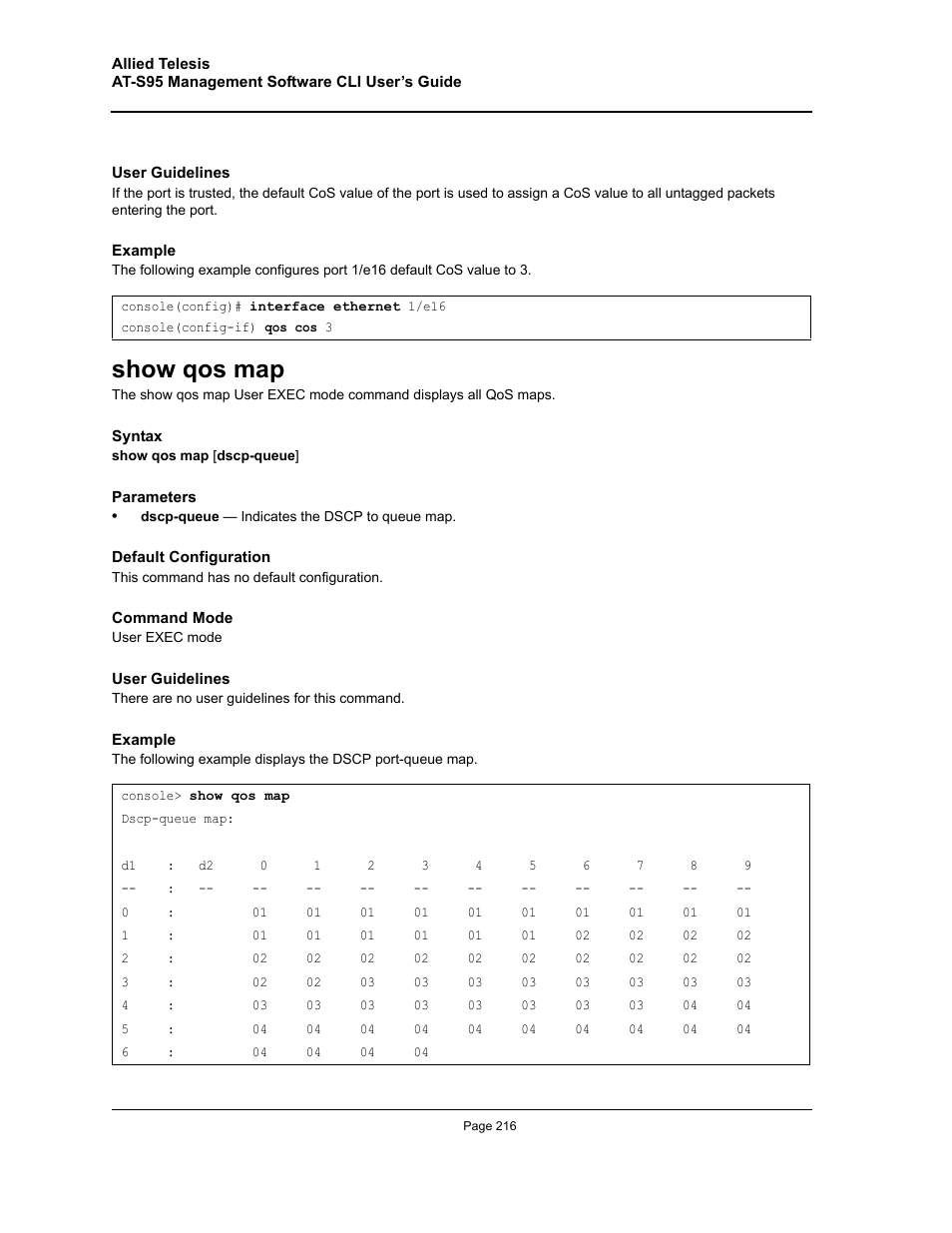 Show qos map | Allied Telesis AT-S95 CLI User Manual | Page 216 / 392