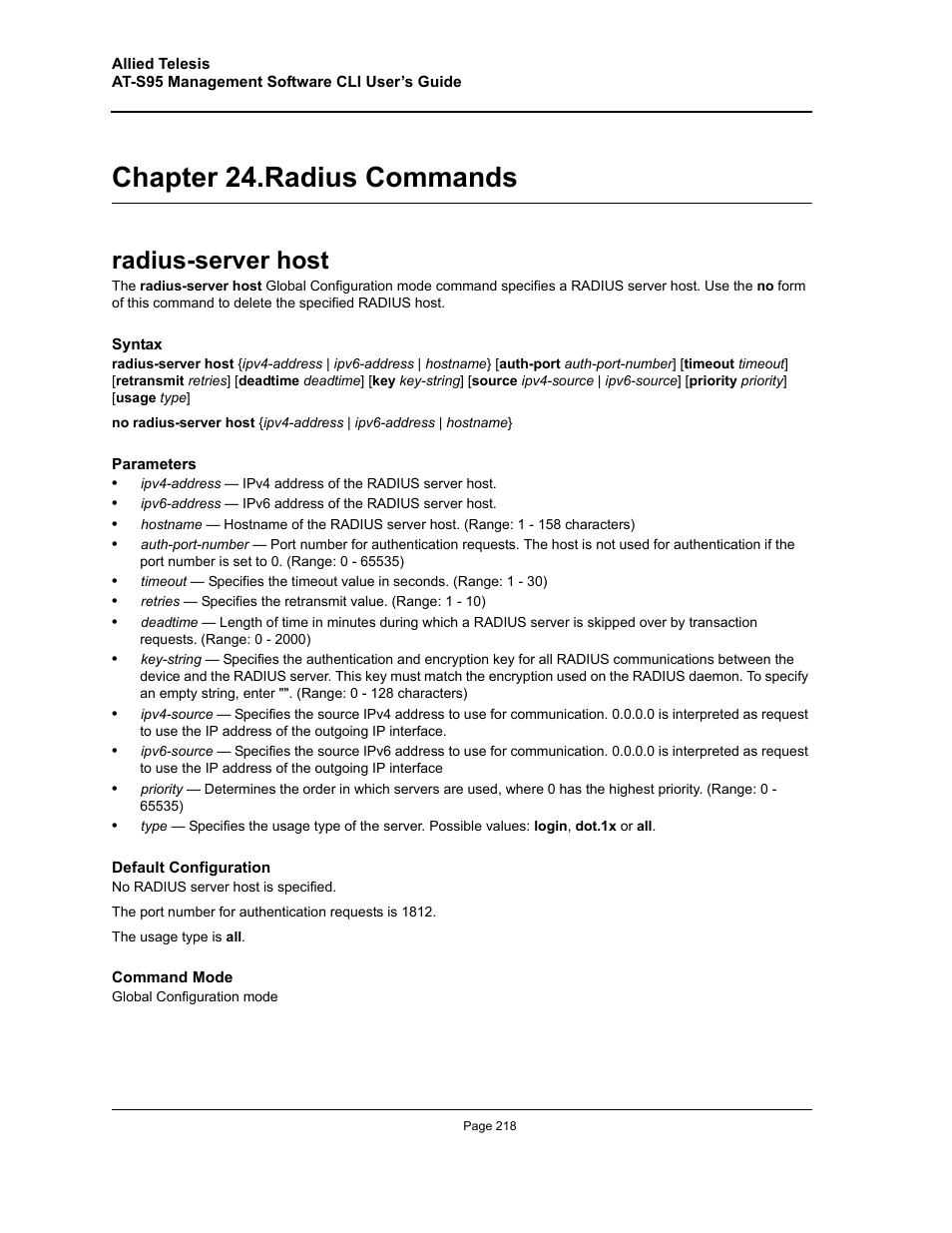 Chapter 24. radius commands, Radius-server host, Chapter 24.radius commands | Chapter 24. "radius commands | Allied Telesis AT-S95 CLI User Manual | Page 218 / 392