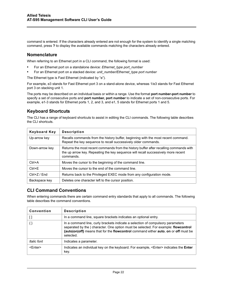 Nomenclature, Keyboard shortcuts, Cli command conventions | Allied Telesis AT-S95 CLI User Manual | Page 22 / 392