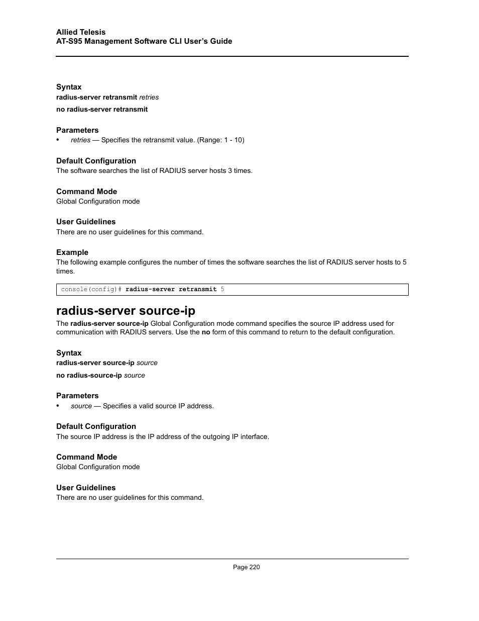 Radius-server source-ip | Allied Telesis AT-S95 CLI User Manual | Page 220 / 392