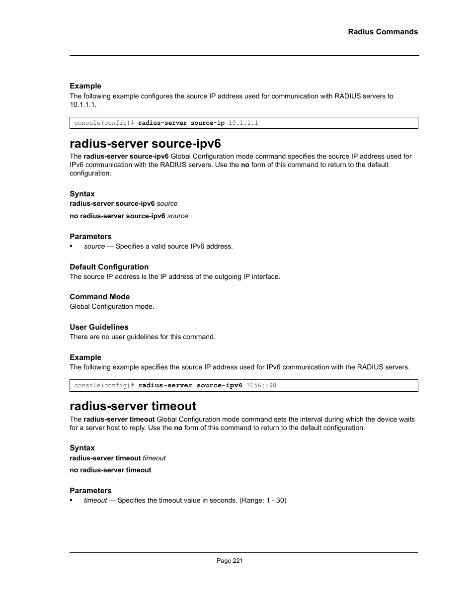 Radius-server source-ipv6, Radius-server timeout, Radius-server source-ipv6 radius-server timeout | Allied Telesis AT-S95 CLI User Manual | Page 221 / 392