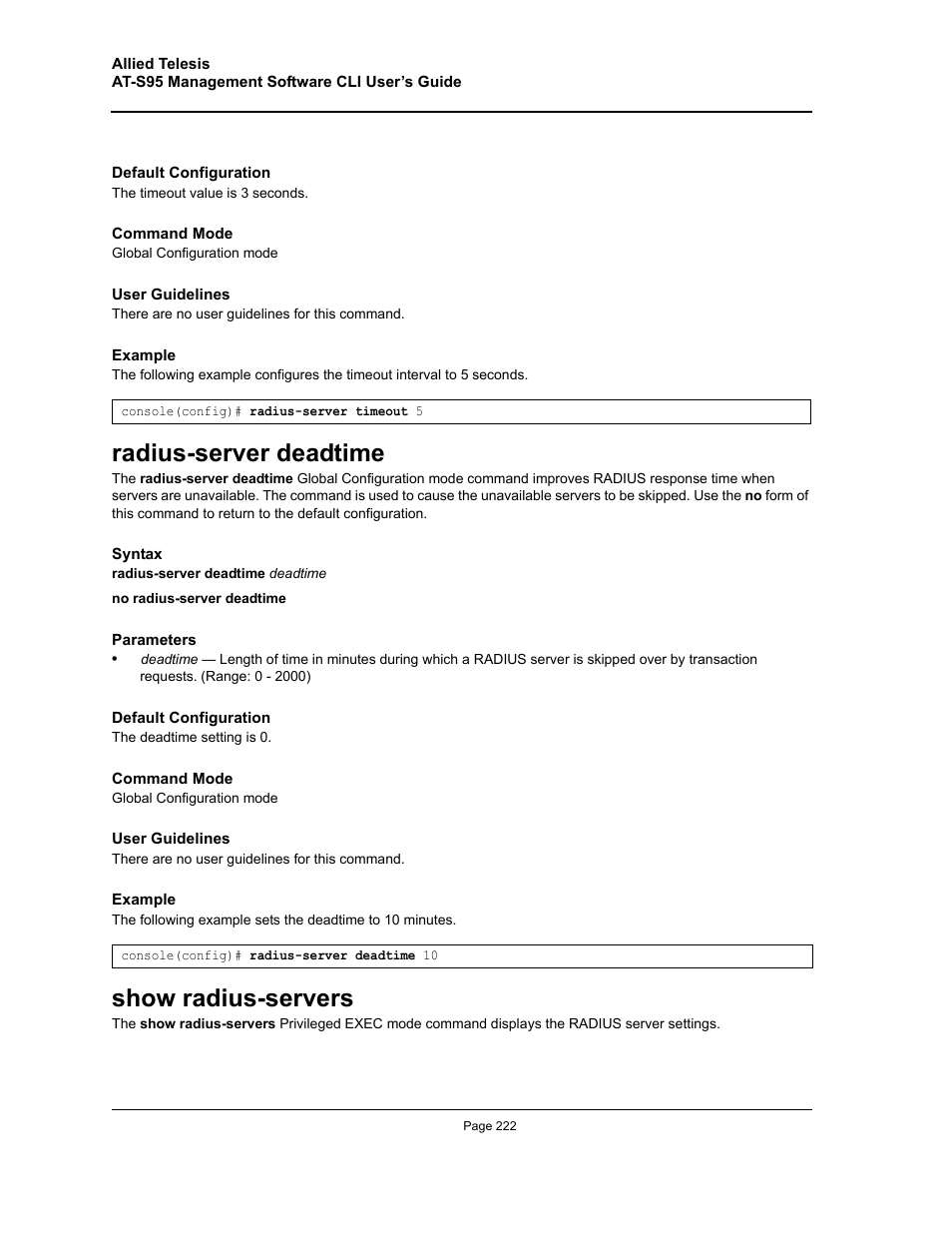 Radius-server deadtime, Show radius-servers, Radius-server deadtime show radius-servers | Allied Telesis AT-S95 CLI User Manual | Page 222 / 392