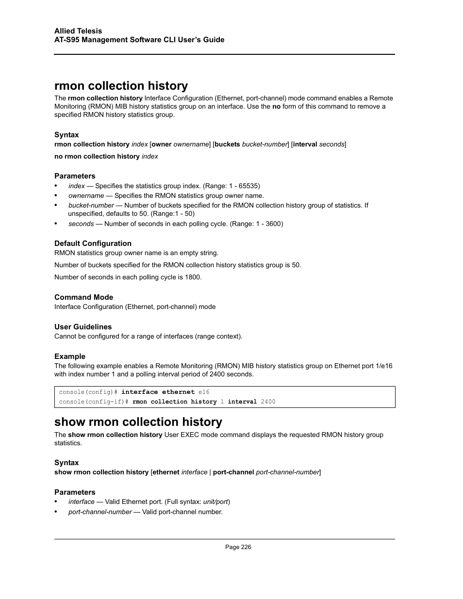 Rmon collection history, Show rmon collection history | Allied Telesis AT-S95 CLI User Manual | Page 226 / 392