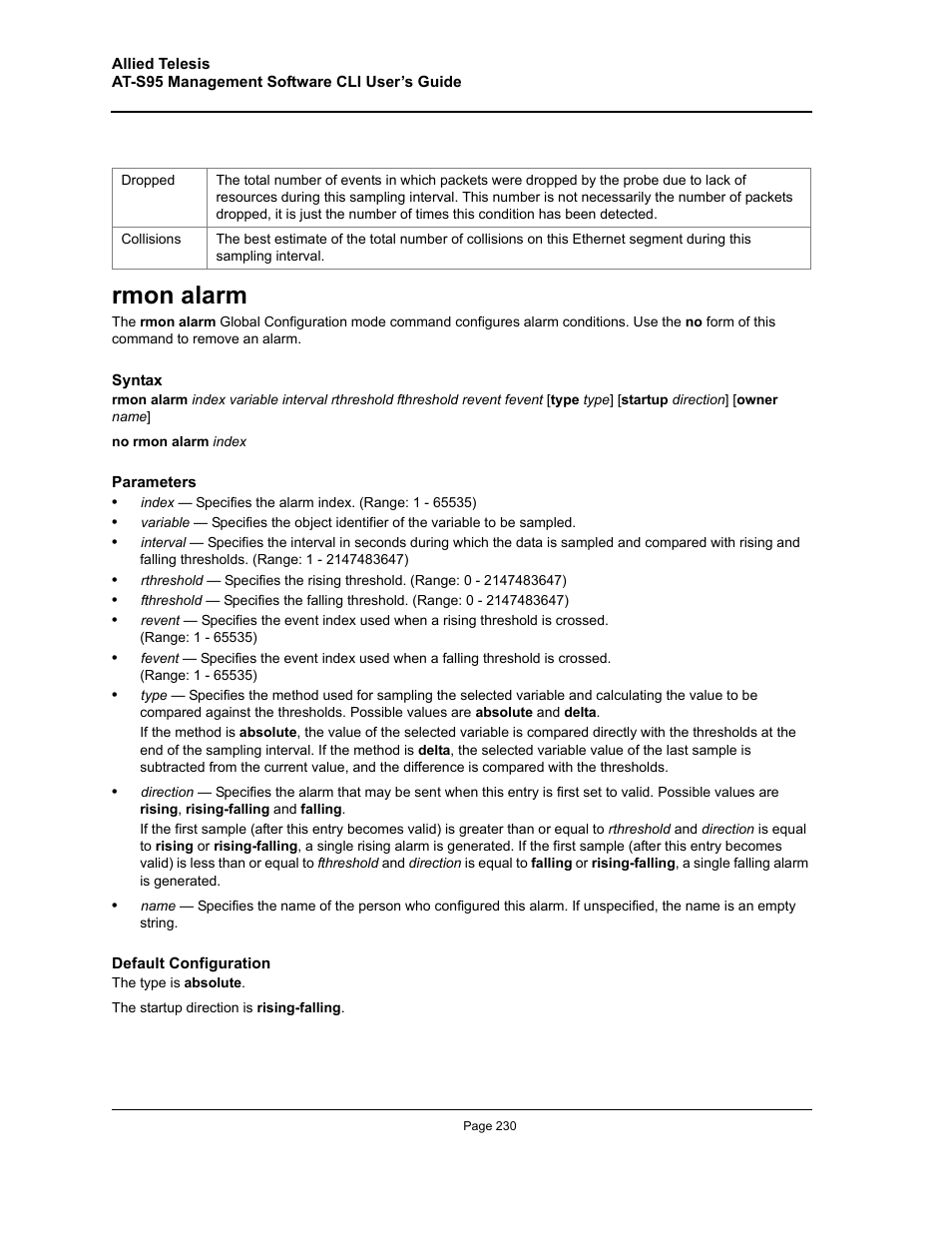 Rmon alarm | Allied Telesis AT-S95 CLI User Manual | Page 230 / 392