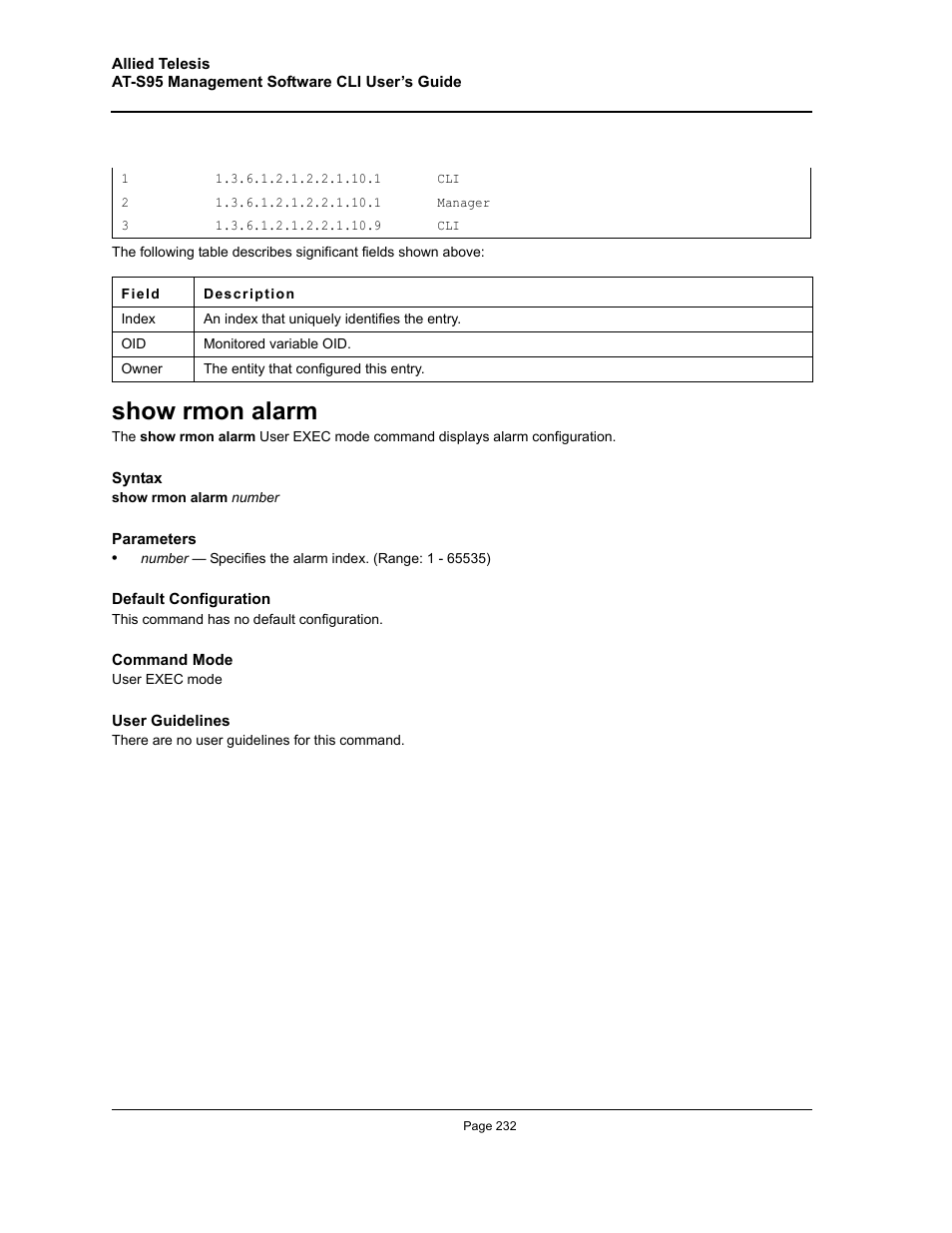Show rmon alarm | Allied Telesis AT-S95 CLI User Manual | Page 232 / 392