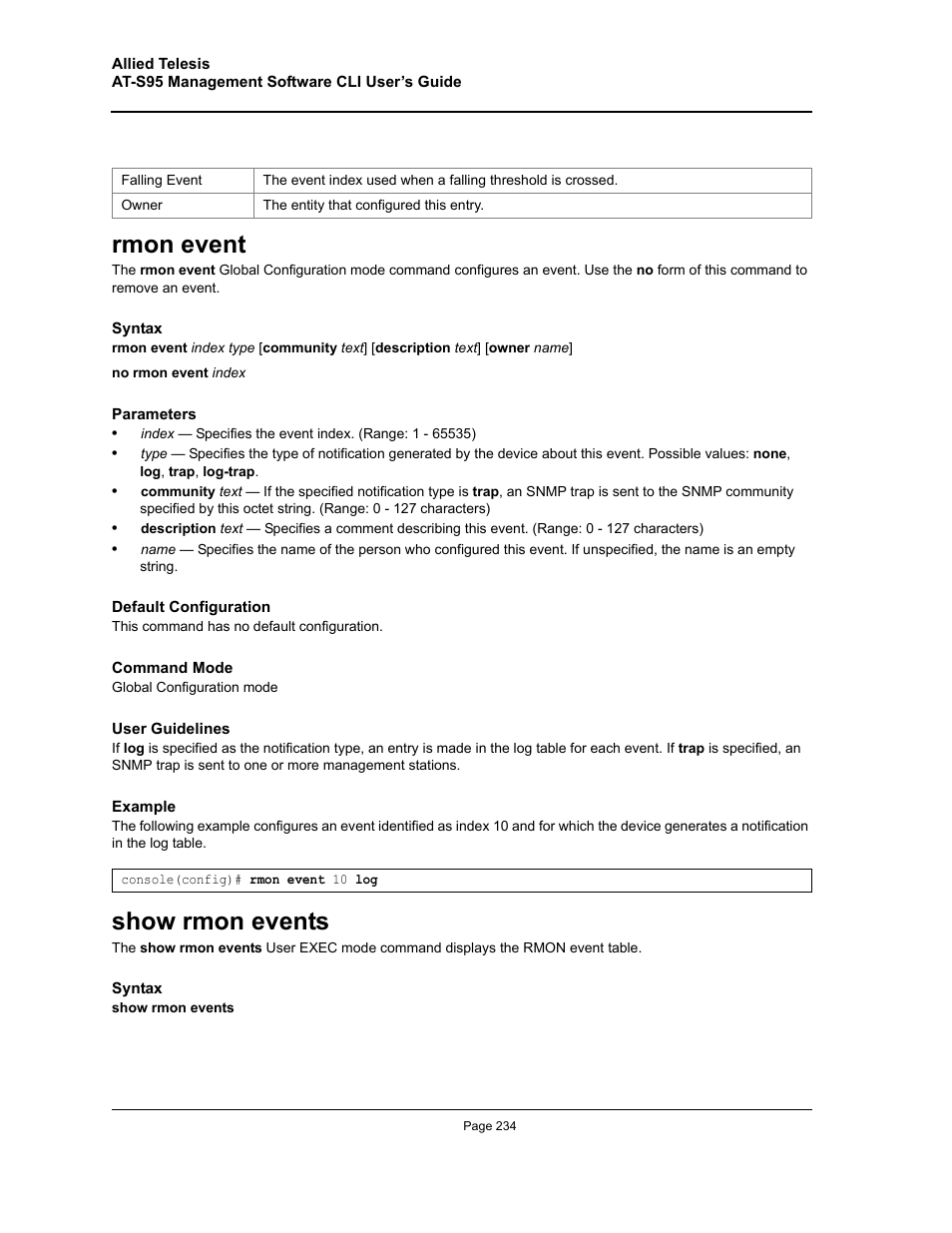 Rmon event, Show rmon events, Rmon event show rmon events | Allied Telesis AT-S95 CLI User Manual | Page 234 / 392