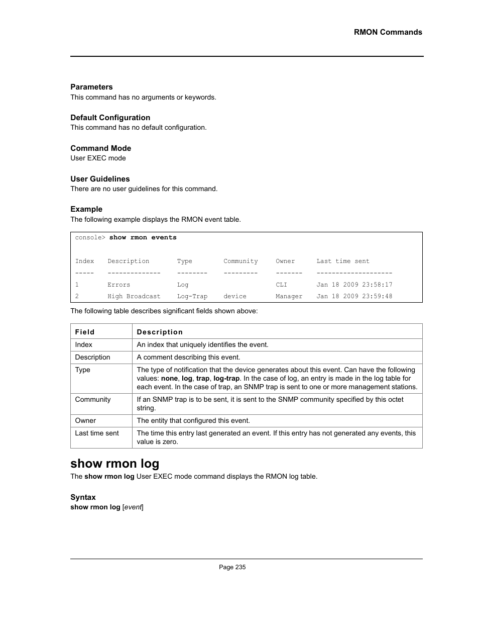 Show rmon log | Allied Telesis AT-S95 CLI User Manual | Page 235 / 392