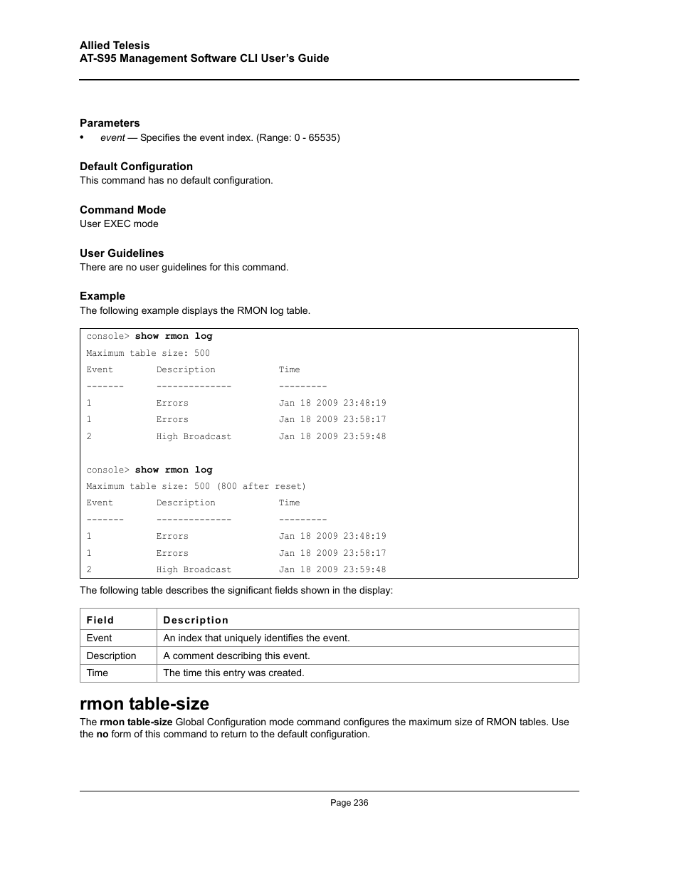 Rmon table-size | Allied Telesis AT-S95 CLI User Manual | Page 236 / 392