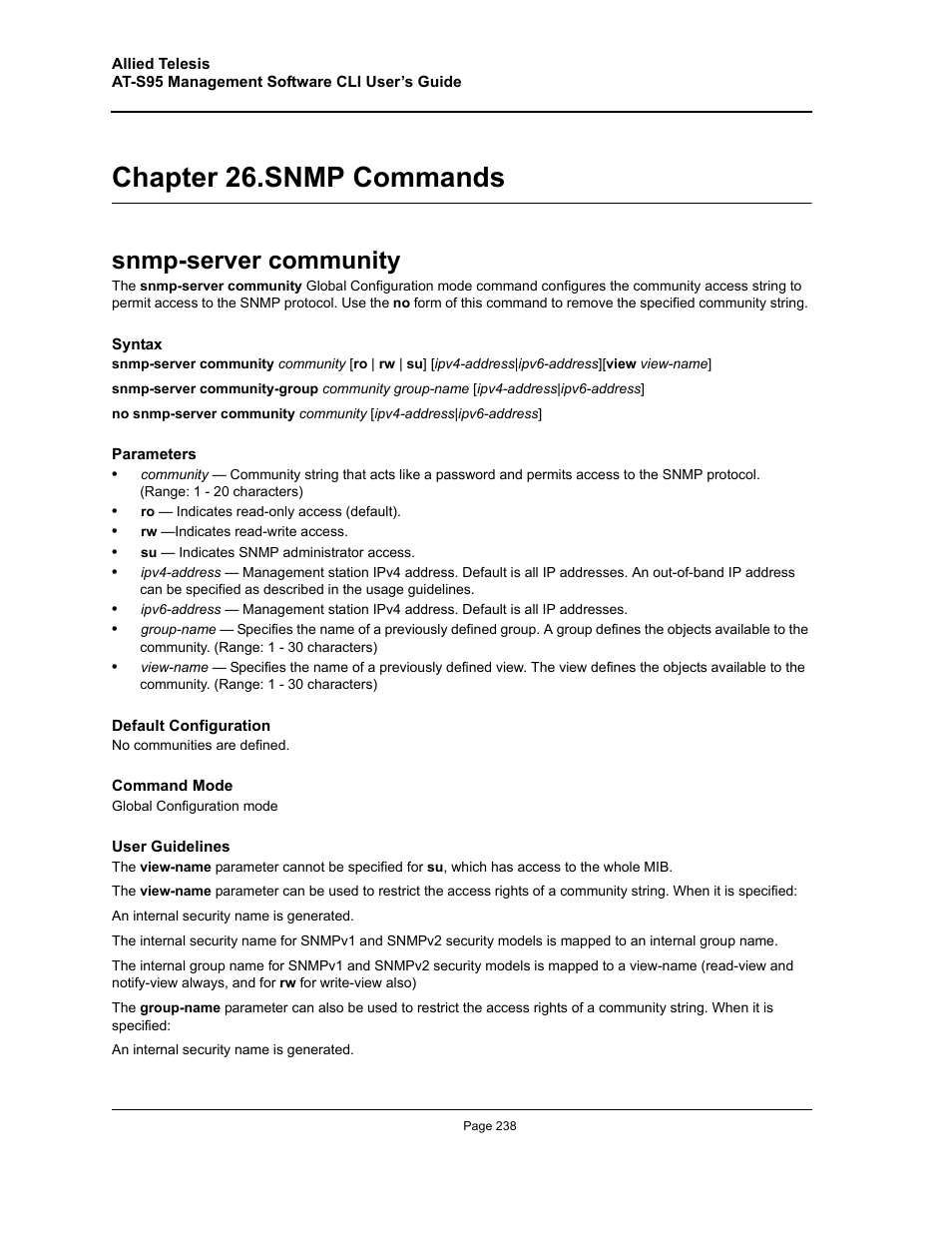 Chapter 26. snmp commands, Snmp-server community, Chapter 26.snmp commands | Chapter 26. "snmp commands | Allied Telesis AT-S95 CLI User Manual | Page 238 / 392