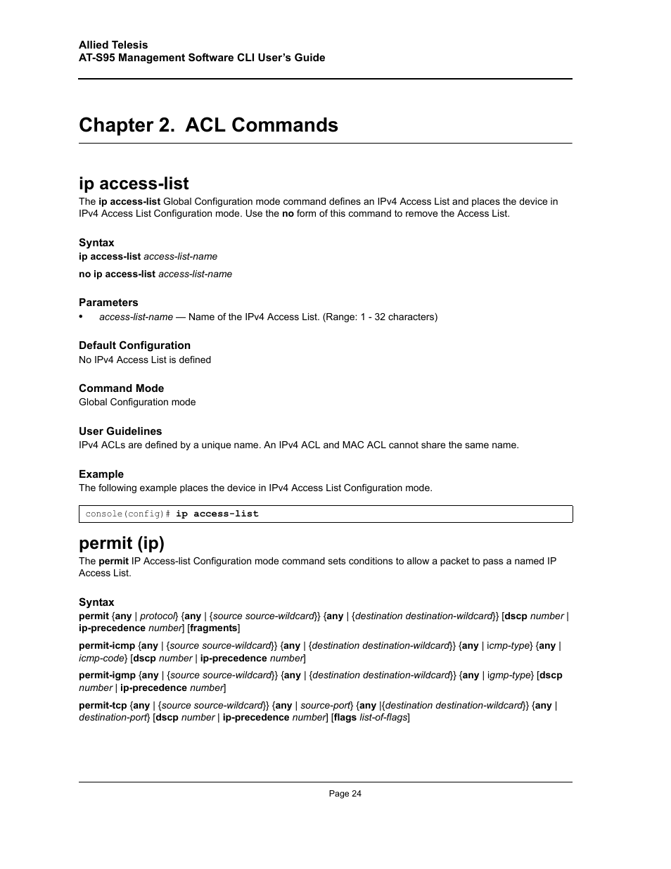 Chapter 2. acl commands, Ip access-list, Permit (ip) | Chapter 2.acl commands, Ip access-list permit (ip), Chapter 2. "acl commands" — define | Allied Telesis AT-S95 CLI User Manual | Page 24 / 392