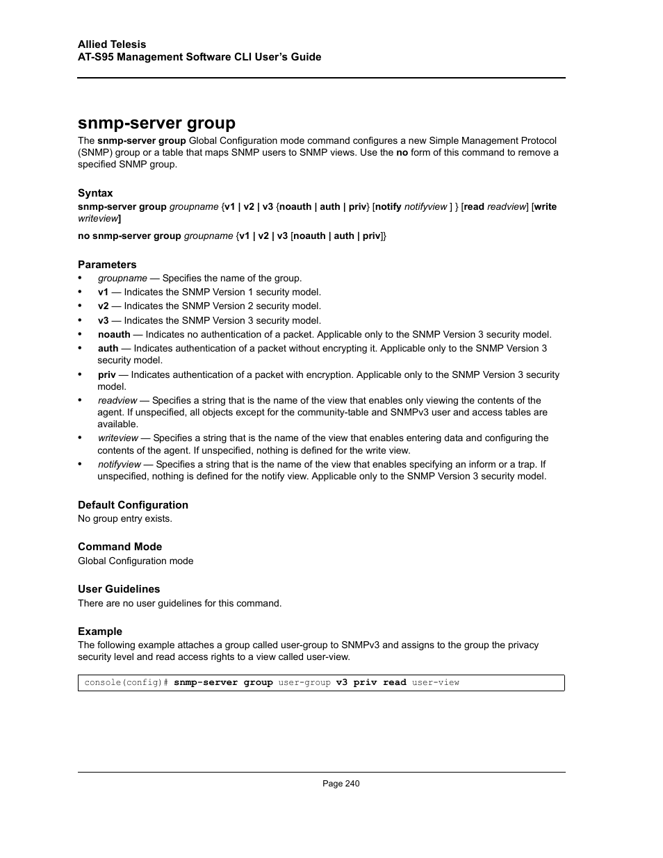 Snmp-server group | Allied Telesis AT-S95 CLI User Manual | Page 240 / 392