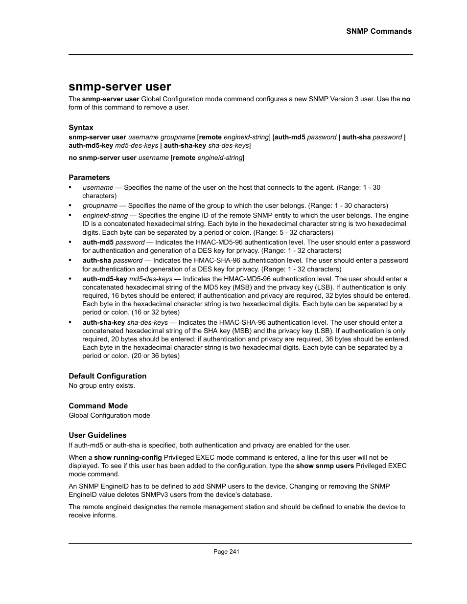 Snmp-server user | Allied Telesis AT-S95 CLI User Manual | Page 241 / 392