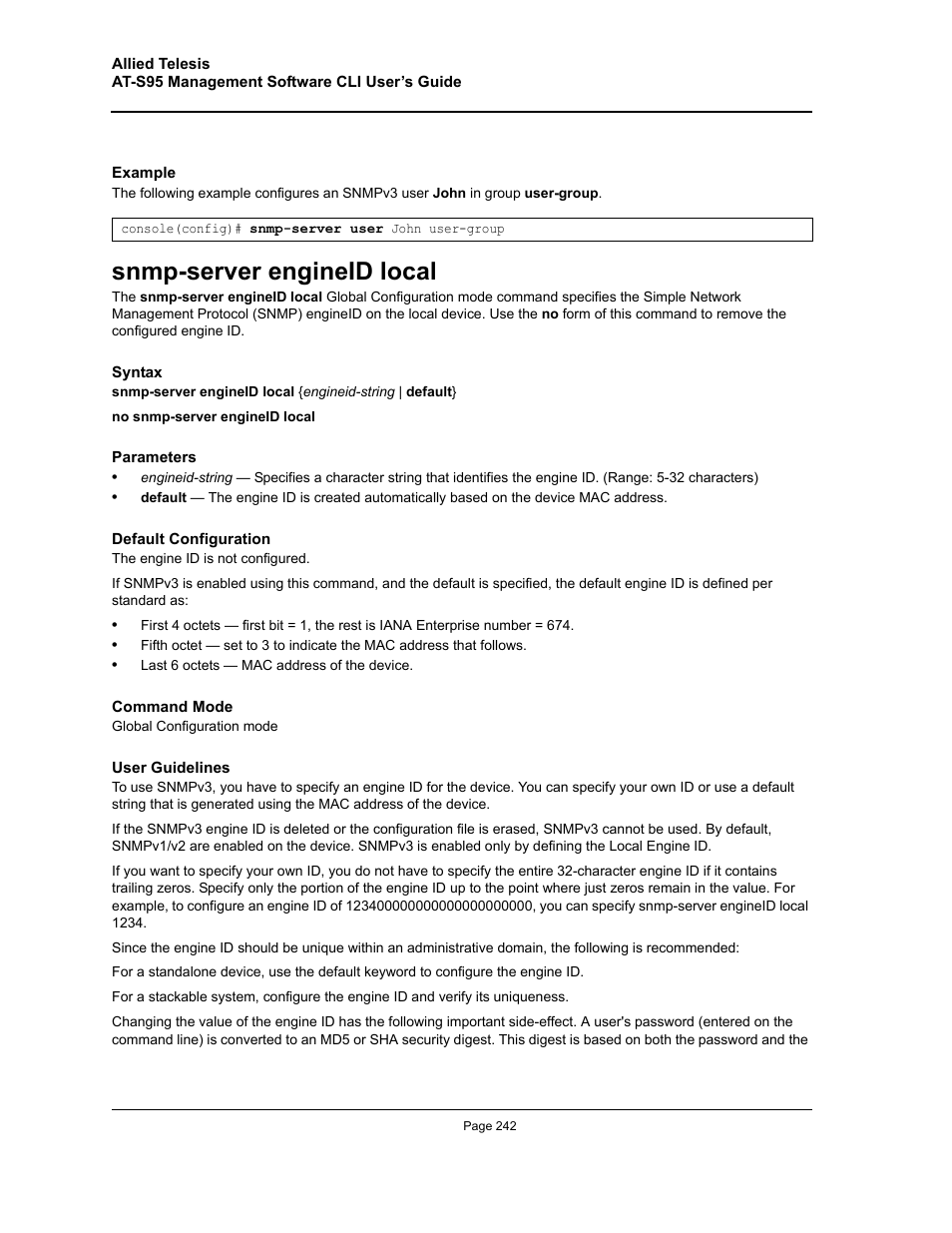 Snmp-server engineid local | Allied Telesis AT-S95 CLI User Manual | Page 242 / 392