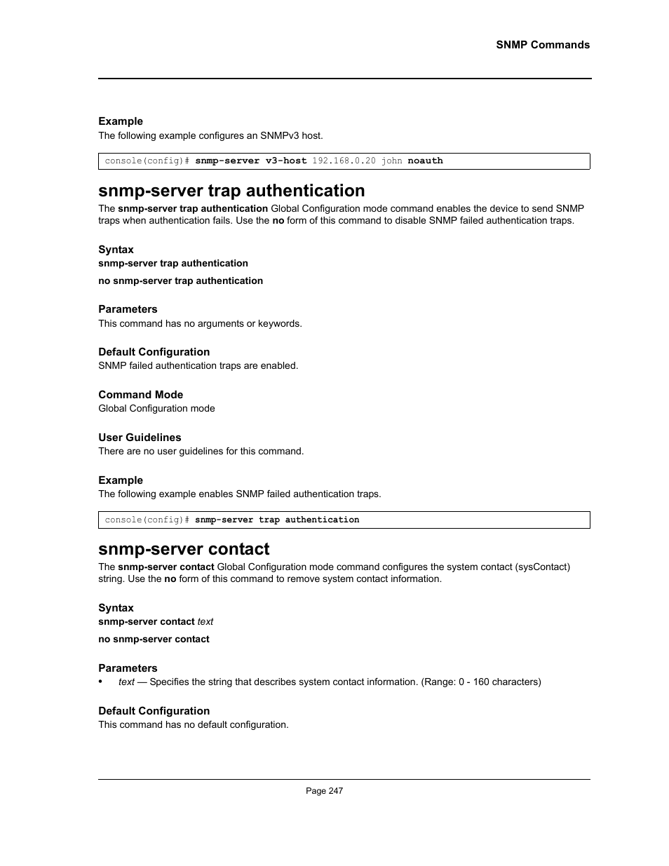 Snmp-server trap authentication, Snmp-server contact | Allied Telesis AT-S95 CLI User Manual | Page 247 / 392