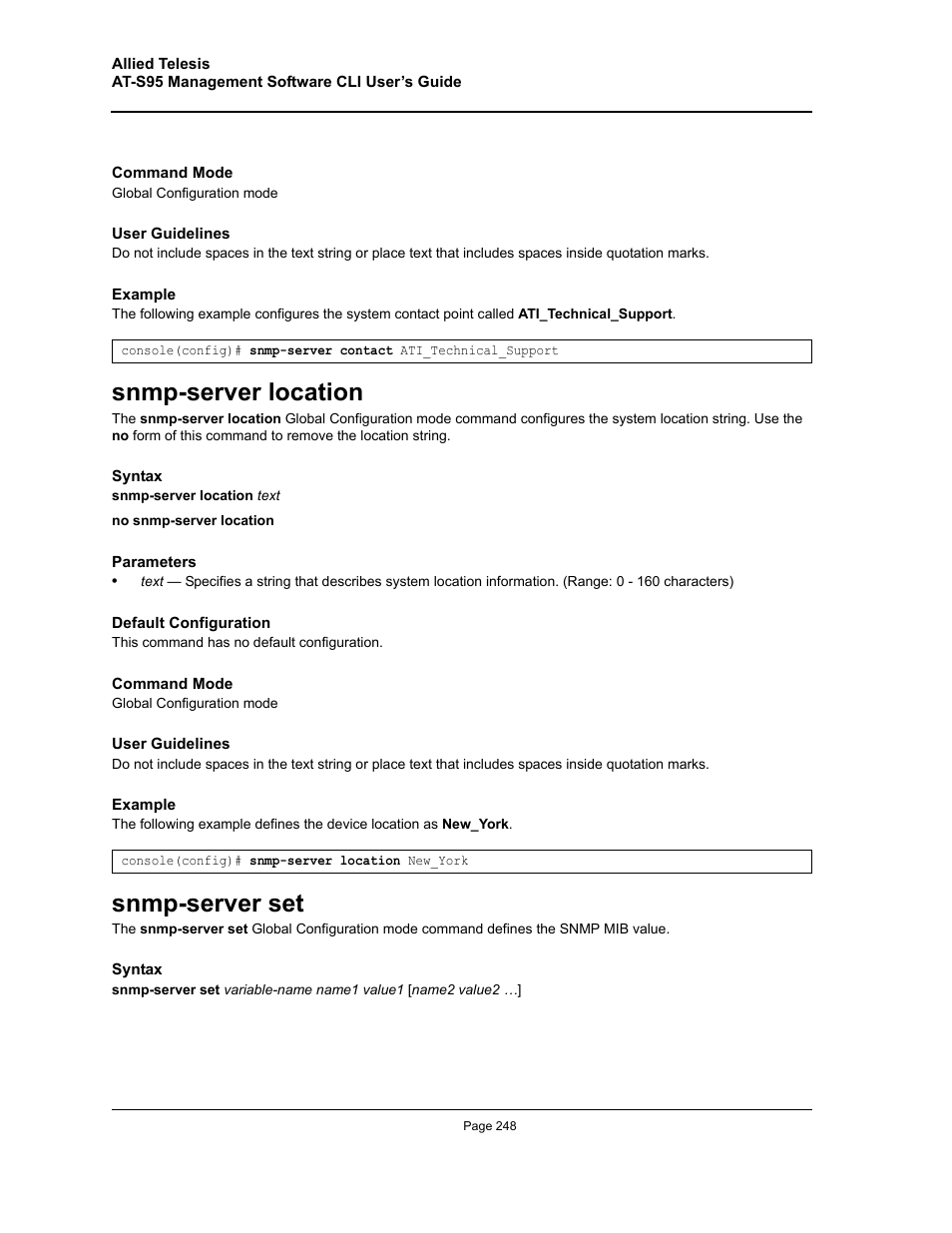 Snmp-server location, Snmp-server set | Allied Telesis AT-S95 CLI User Manual | Page 248 / 392