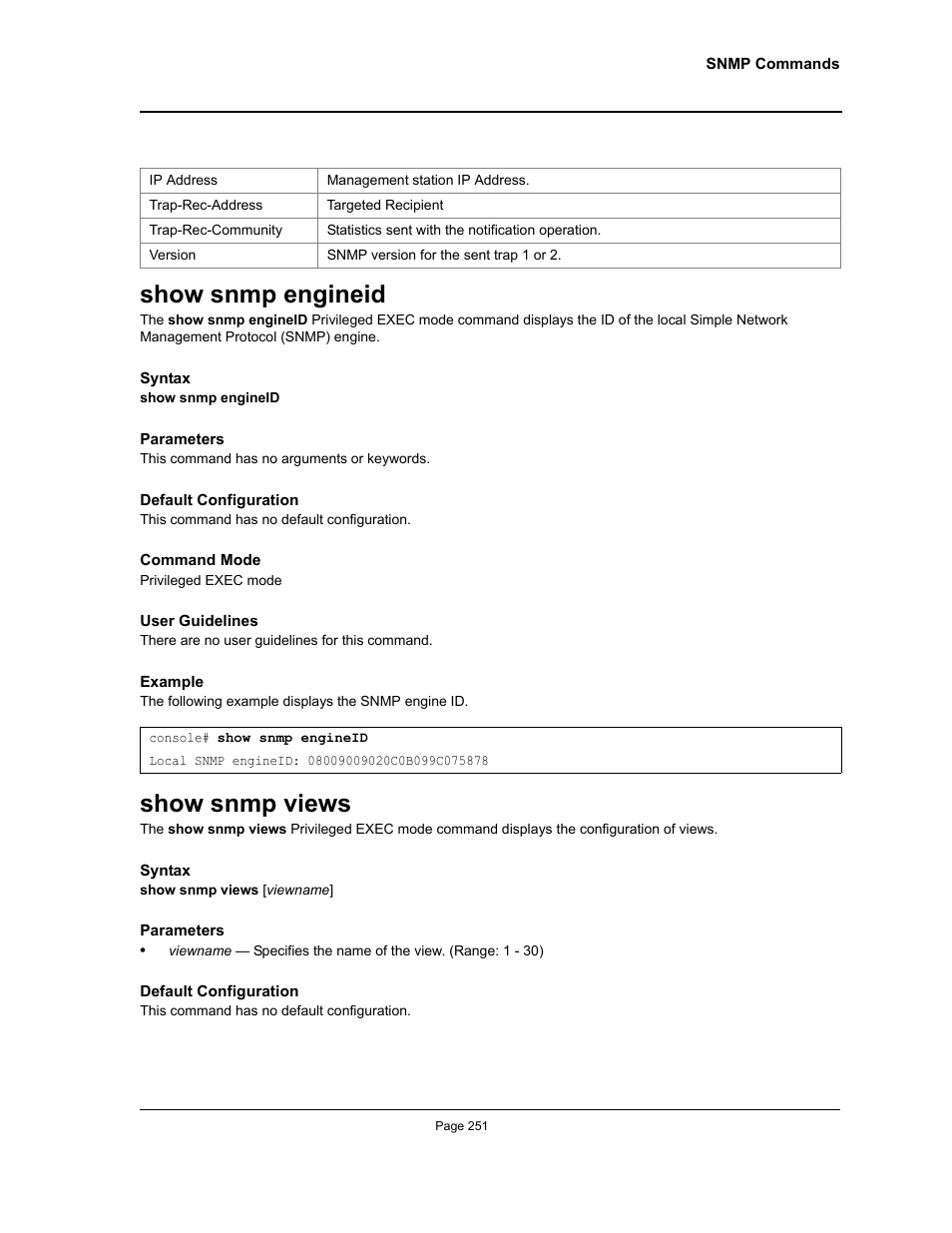 Show snmp engineid, Show snmp views, Show snmp engineid show snmp views | Allied Telesis AT-S95 CLI User Manual | Page 251 / 392