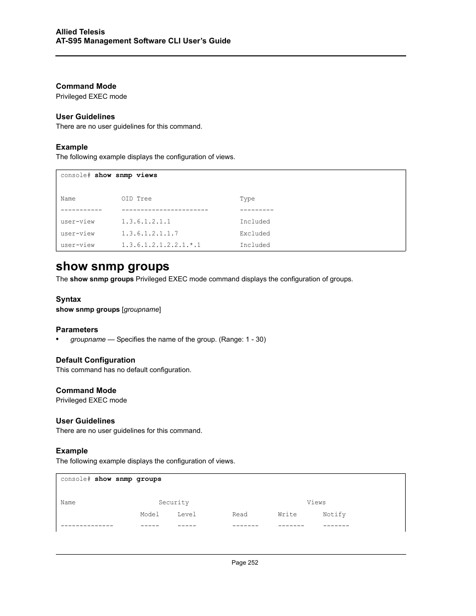 Show snmp groups | Allied Telesis AT-S95 CLI User Manual | Page 252 / 392