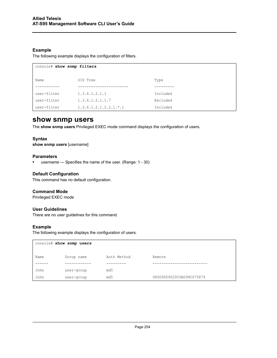 Show snmp users | Allied Telesis AT-S95 CLI User Manual | Page 254 / 392