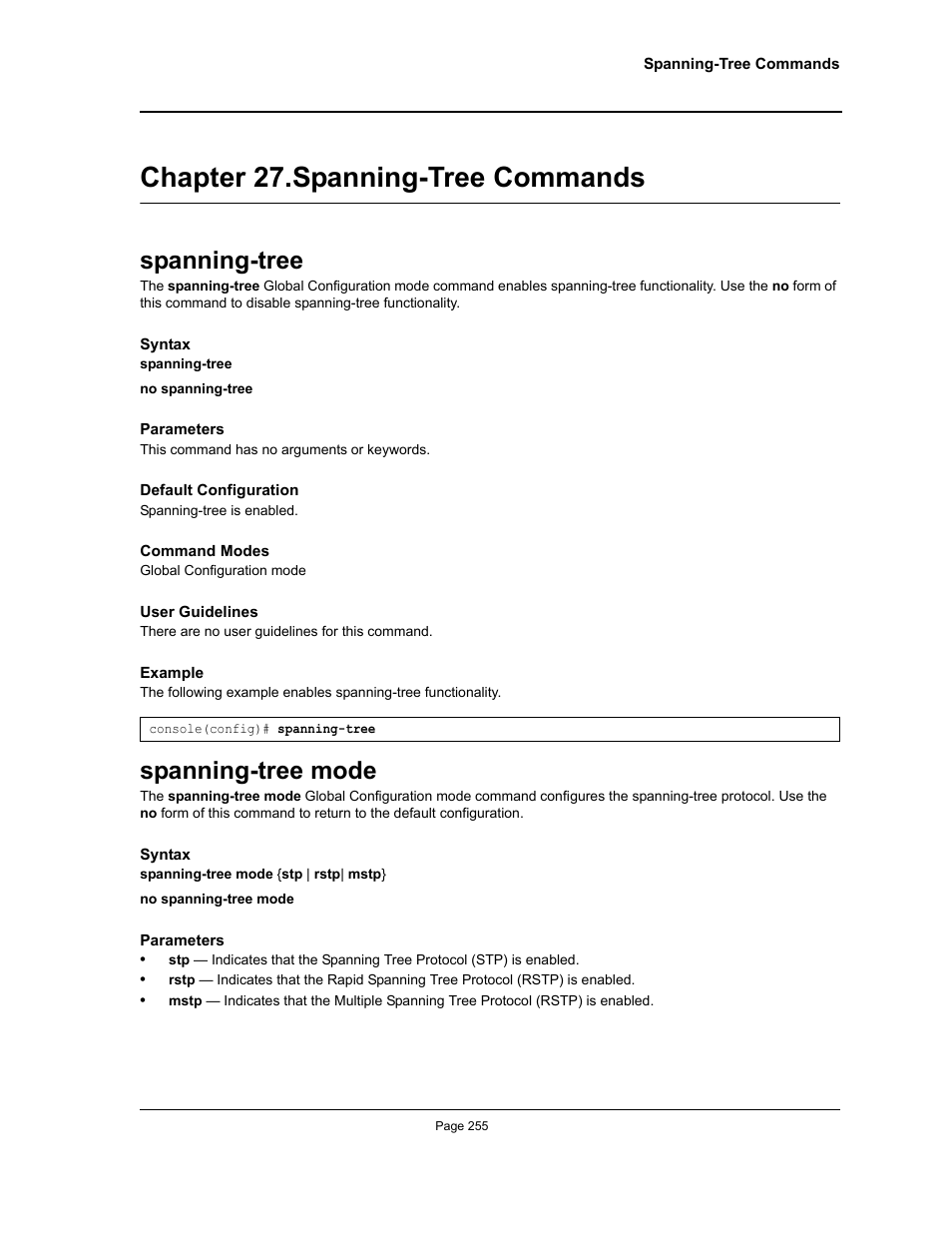 Chapter 27. spanning-tree commands, Spanning-tree, Spanning-tree mode | Chapter 27.spanning-tree commands, Spanning-tree spanning-tree mode, Chapter 27. "spanning-tree commands" — con | Allied Telesis AT-S95 CLI User Manual | Page 255 / 392