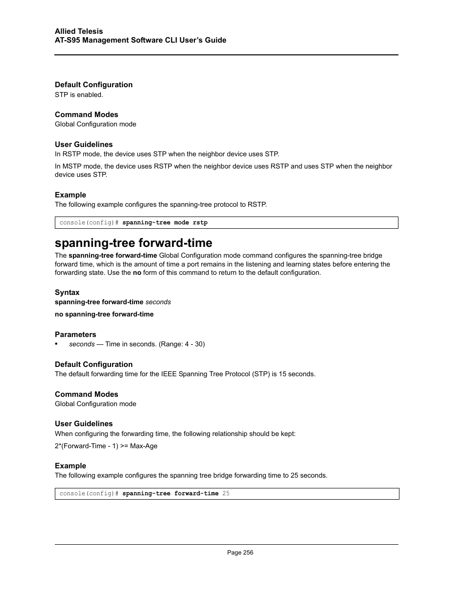 Spanning-tree forward-time | Allied Telesis AT-S95 CLI User Manual | Page 256 / 392