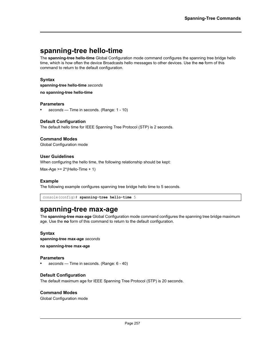 Spanning-tree hello-time, Spanning-tree max-age, Spanning-tree hello-time spanning-tree max-age | Allied Telesis AT-S95 CLI User Manual | Page 257 / 392