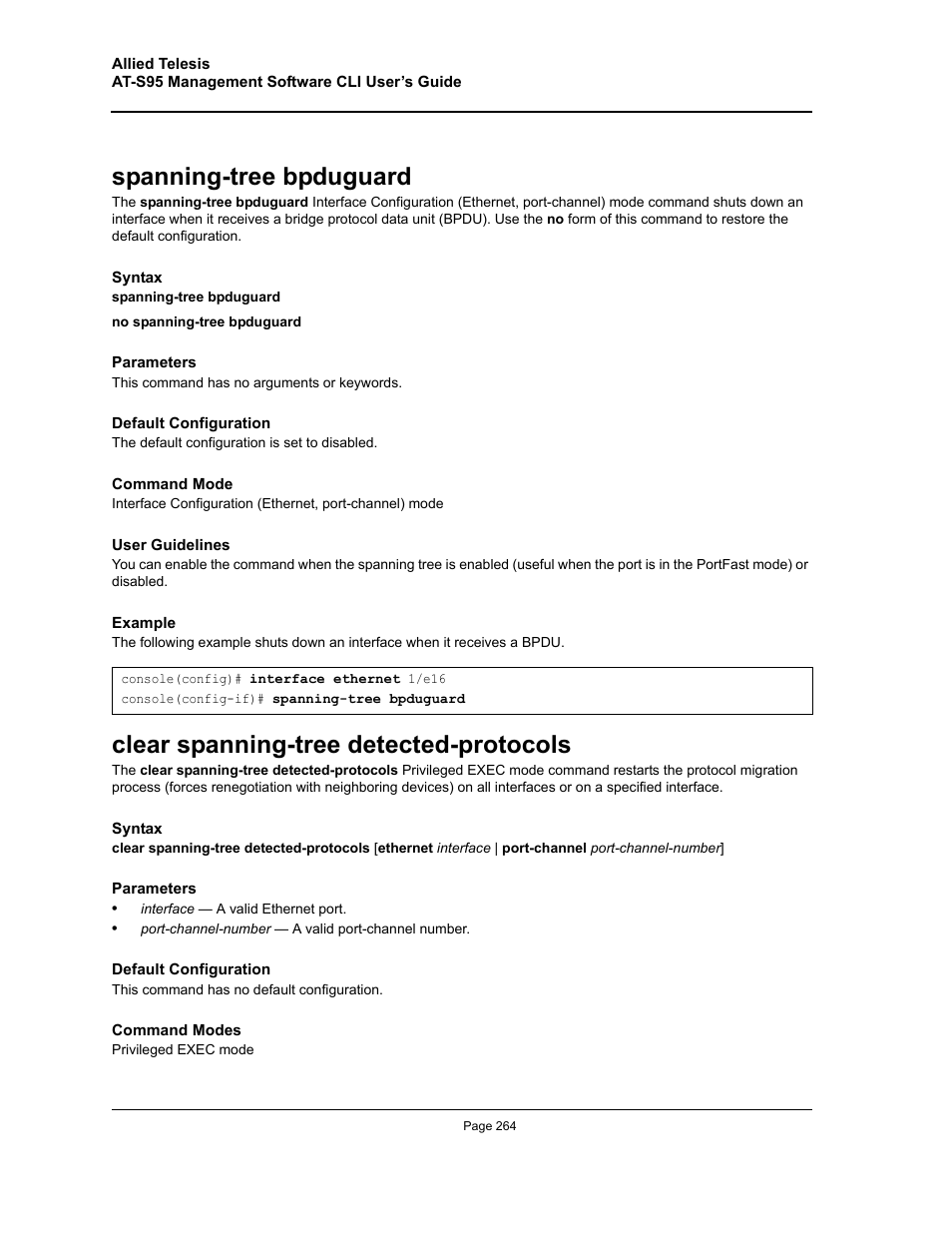 Spanning-tree bpduguard, Clear spanning-tree detected-protocols | Allied Telesis AT-S95 CLI User Manual | Page 264 / 392