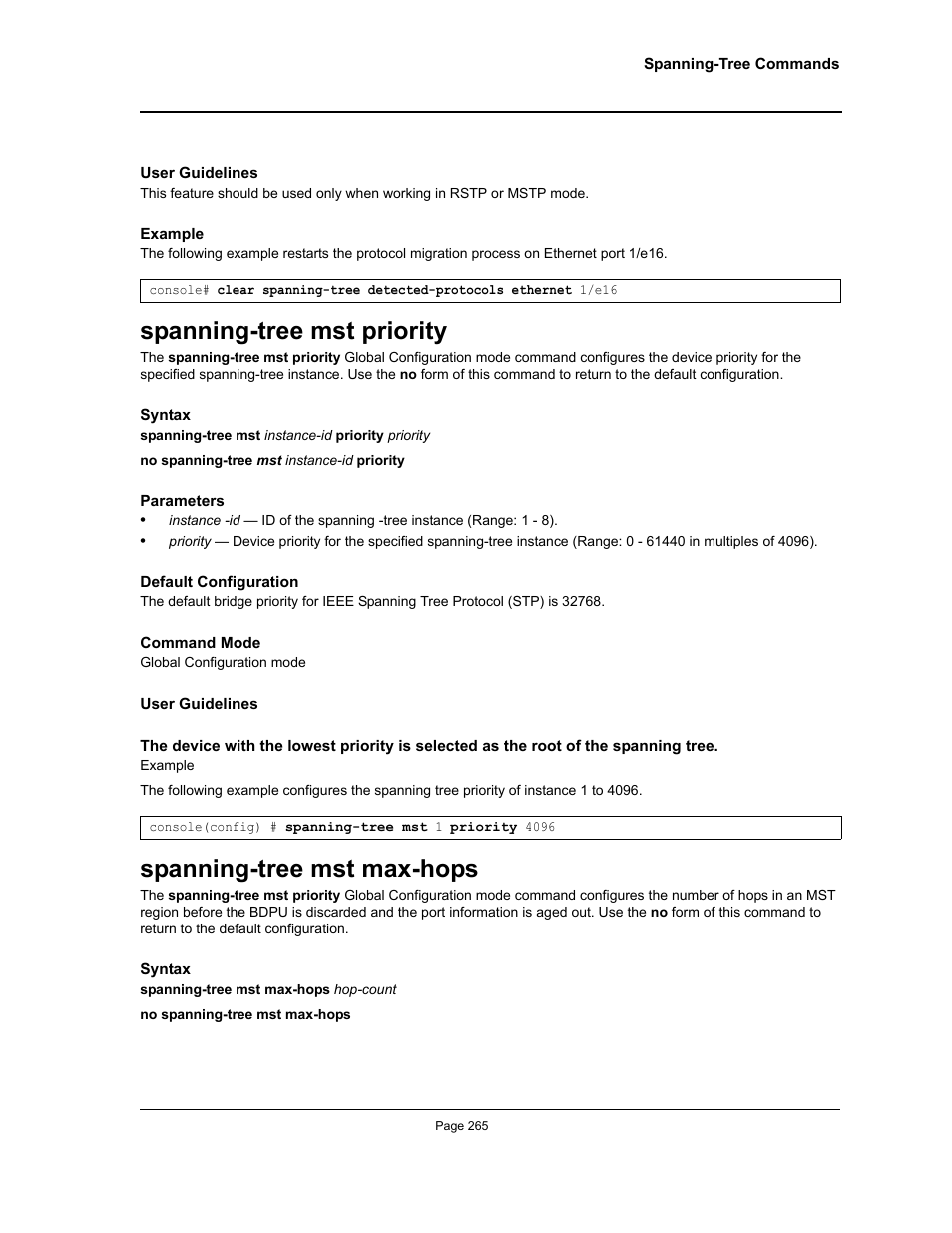 Spanning-tree mst priority, Spanning-tree mst max-hops | Allied Telesis AT-S95 CLI User Manual | Page 265 / 392