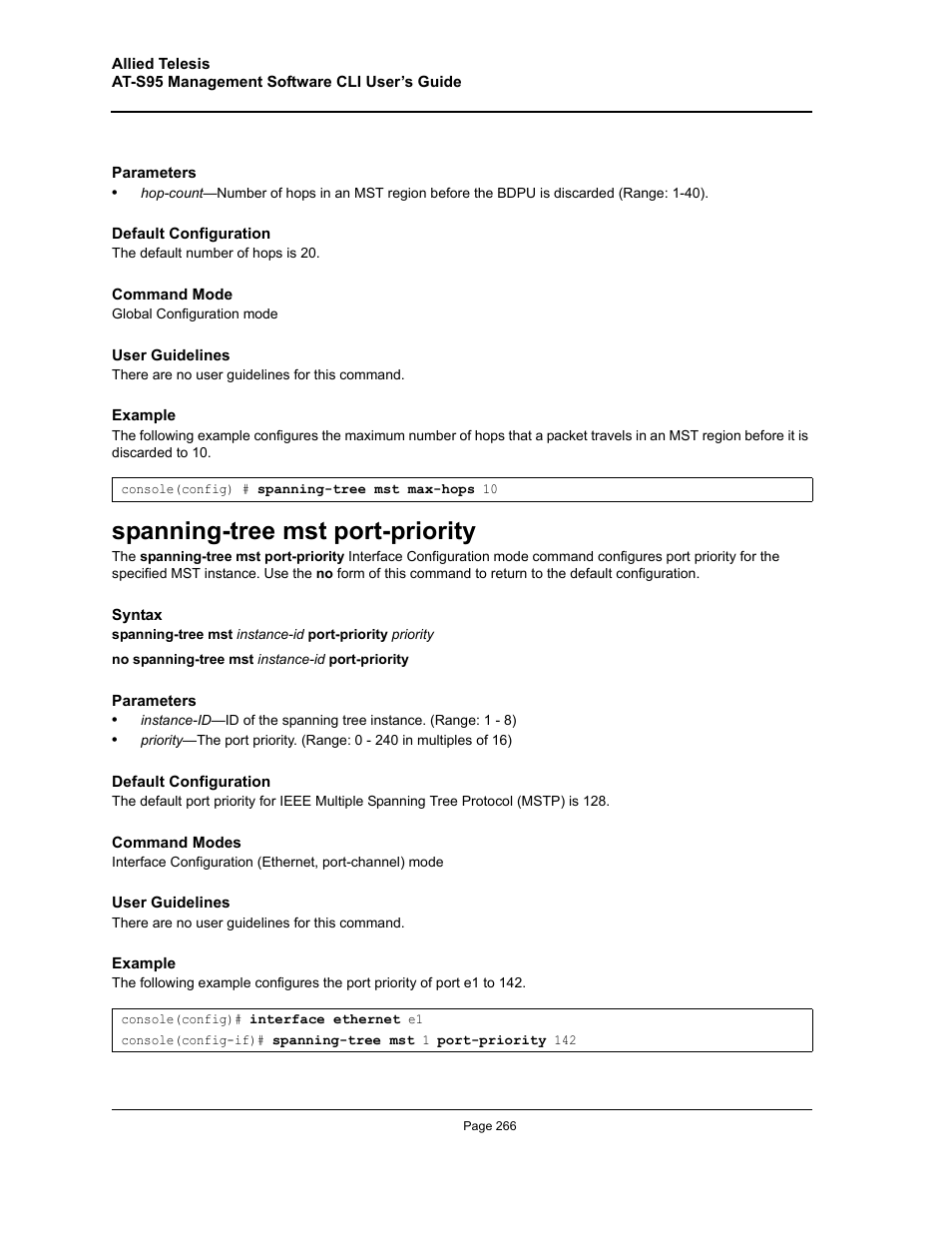 Spanning-tree mst port-priority | Allied Telesis AT-S95 CLI User Manual | Page 266 / 392