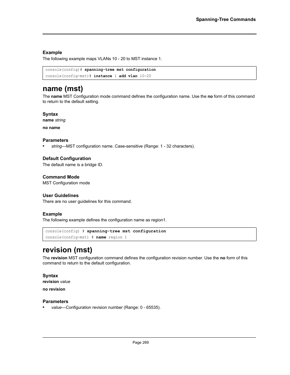 Name (mst), Revision (mst), Name (mst) revision (mst) | Allied Telesis AT-S95 CLI User Manual | Page 269 / 392