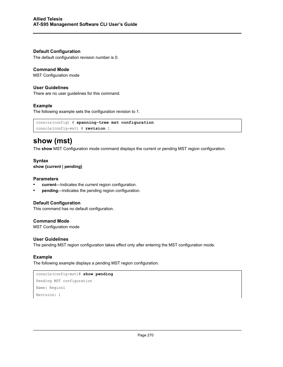 Show (mst) | Allied Telesis AT-S95 CLI User Manual | Page 270 / 392
