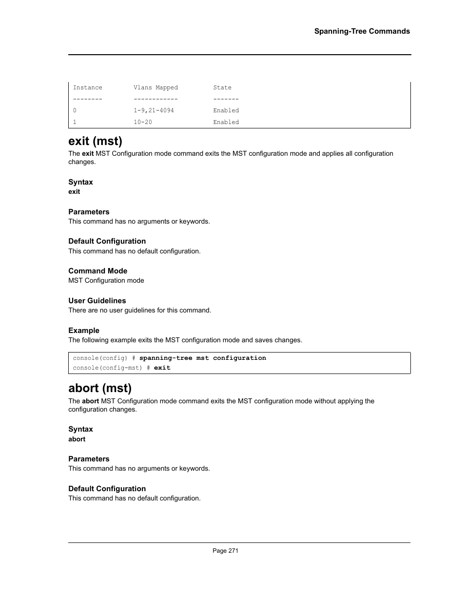 Exit (mst), Abort (mst), Exit (mst) abort (mst) | Allied Telesis AT-S95 CLI User Manual | Page 271 / 392