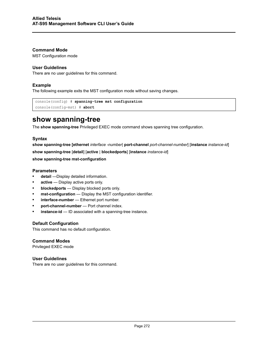 Show spanning-tree | Allied Telesis AT-S95 CLI User Manual | Page 272 / 392