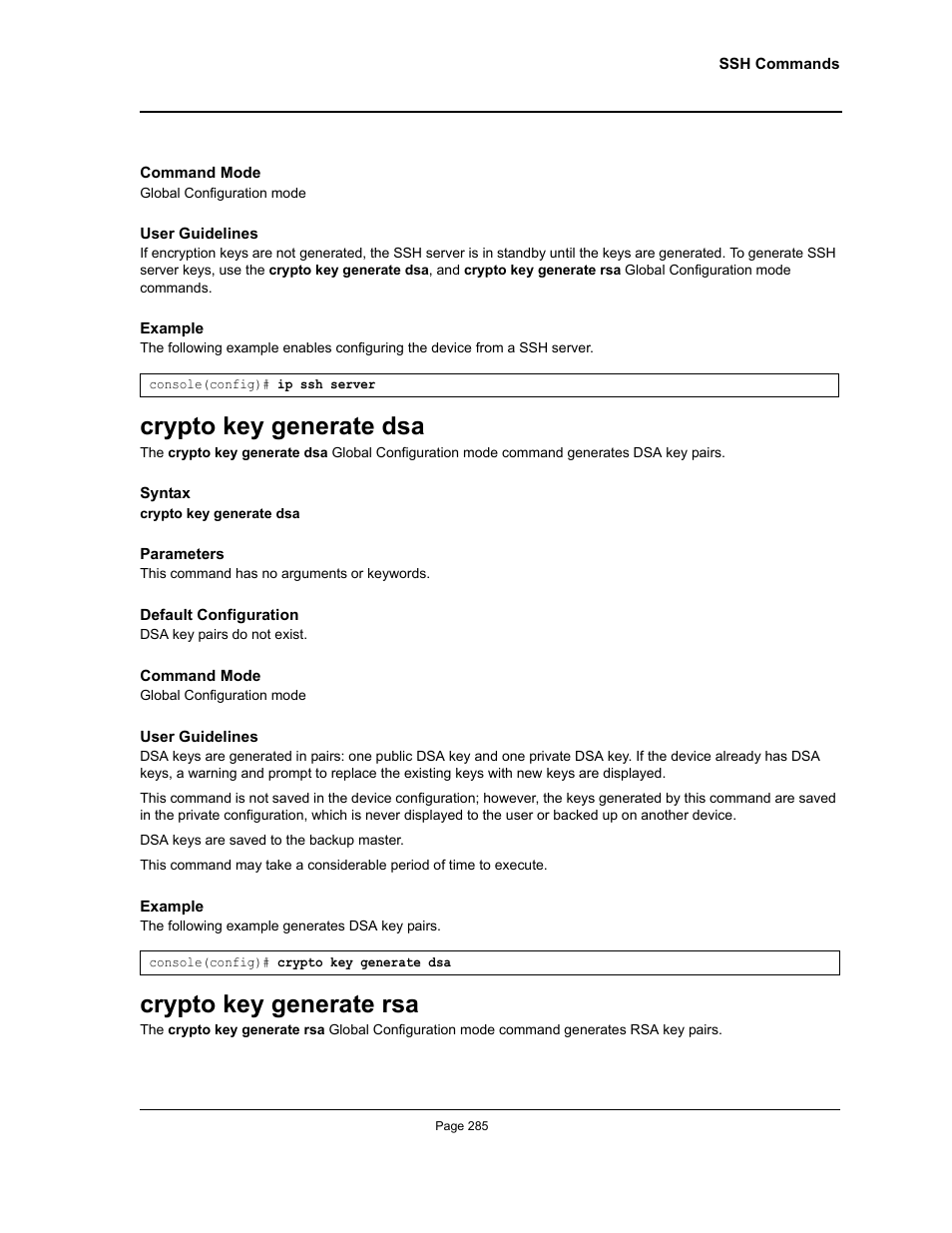 Crypto key generate dsa, Crypto key generate rsa, Crypto key generate dsa crypto key generate rsa | Allied Telesis AT-S95 CLI User Manual | Page 285 / 392