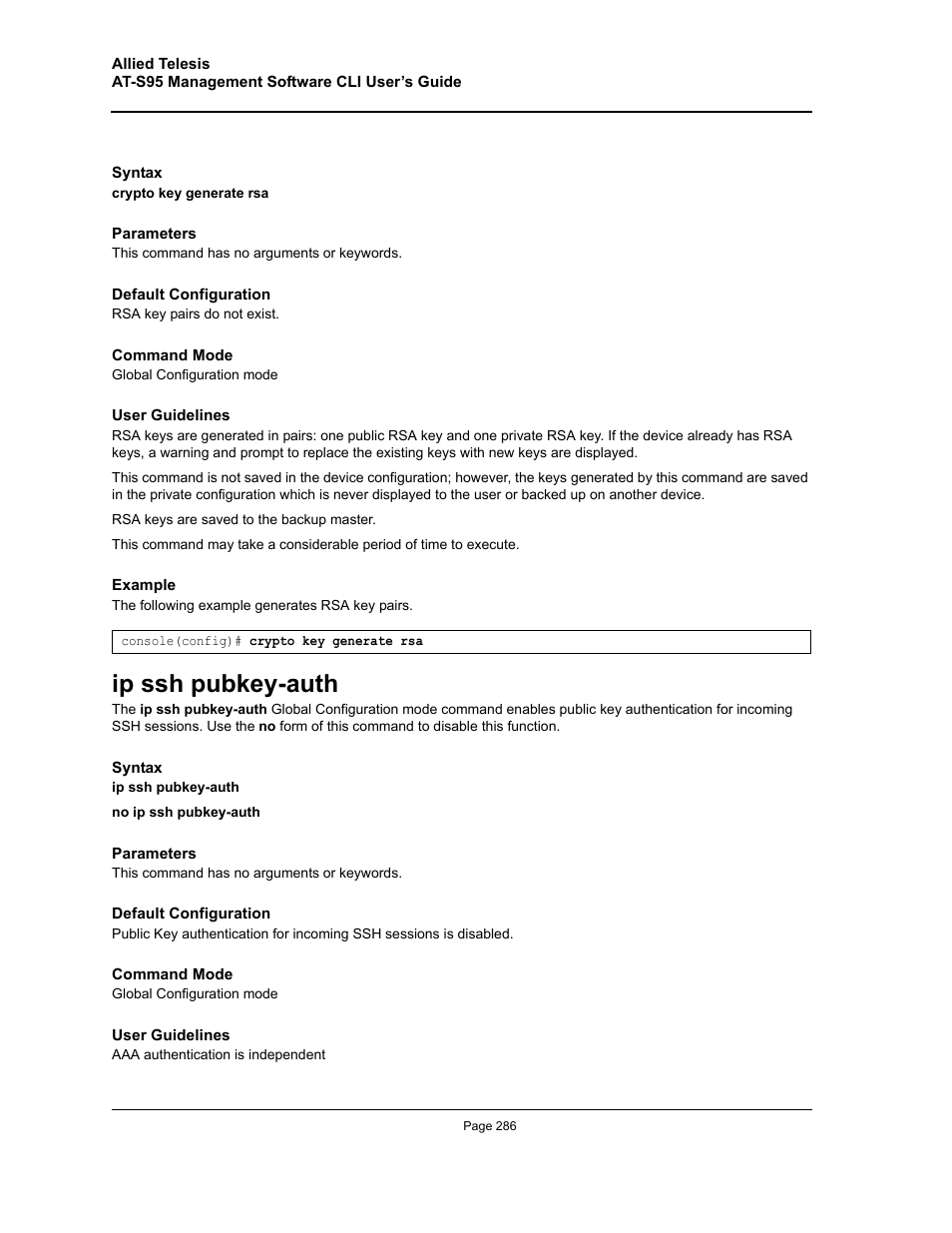 Ip ssh pubkey-auth | Allied Telesis AT-S95 CLI User Manual | Page 286 / 392