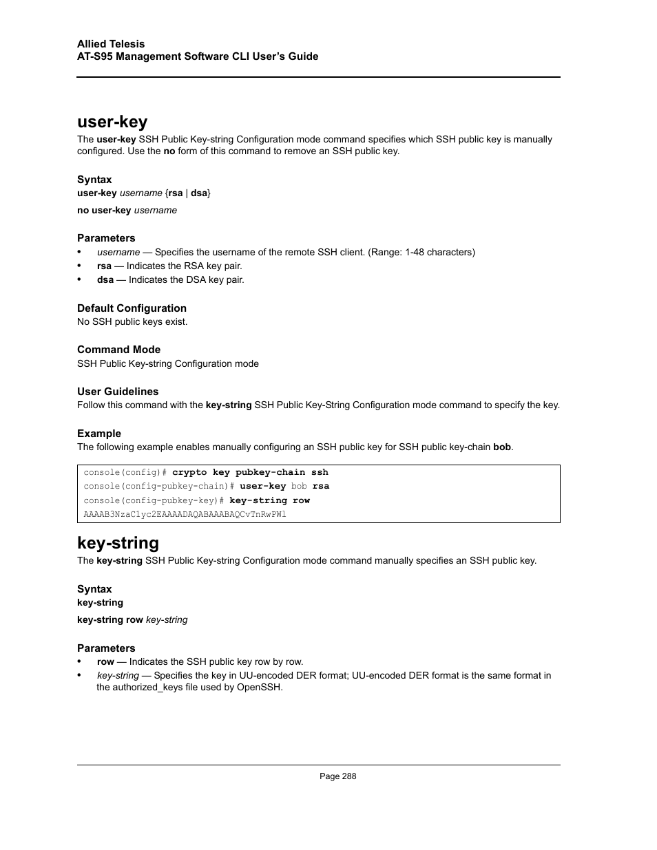 User-key, Key-string, User-key key-string | Allied Telesis AT-S95 CLI User Manual | Page 288 / 392