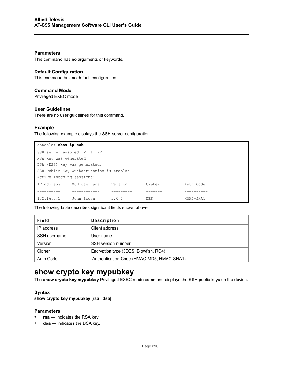 Show crypto key mypubkey | Allied Telesis AT-S95 CLI User Manual | Page 290 / 392