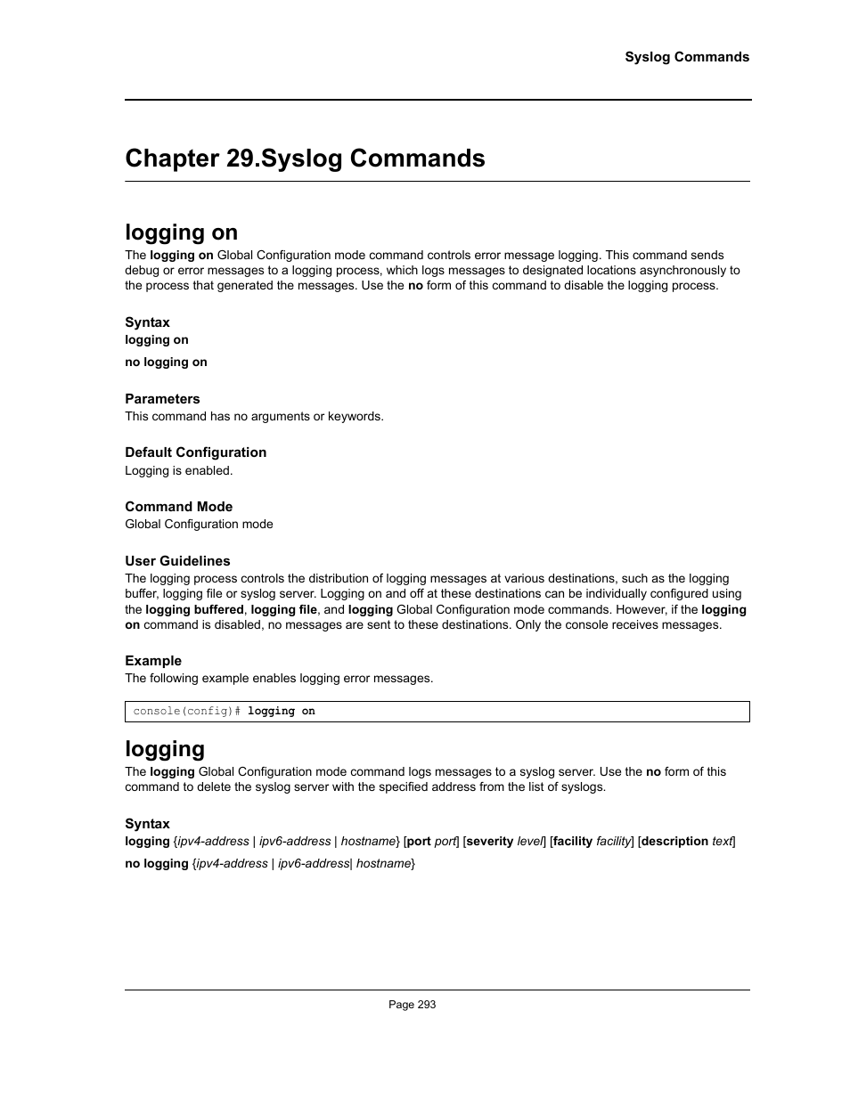 Chapter 29. syslog commands, Logging on, Logging | Chapter 29.syslog commands, Logging on logging, Chapter 29. "syslog commands | Allied Telesis AT-S95 CLI User Manual | Page 293 / 392