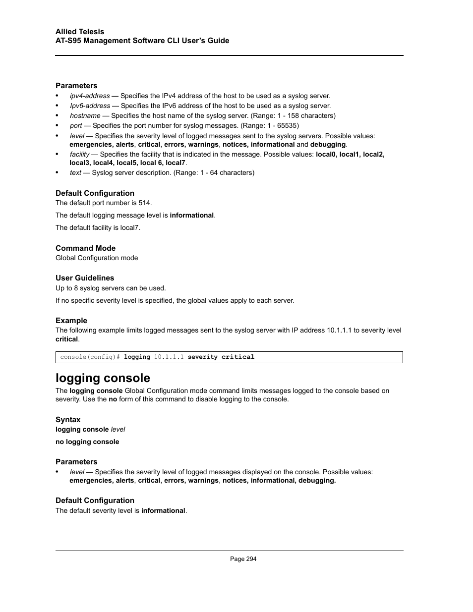 Logging console | Allied Telesis AT-S95 CLI User Manual | Page 294 / 392