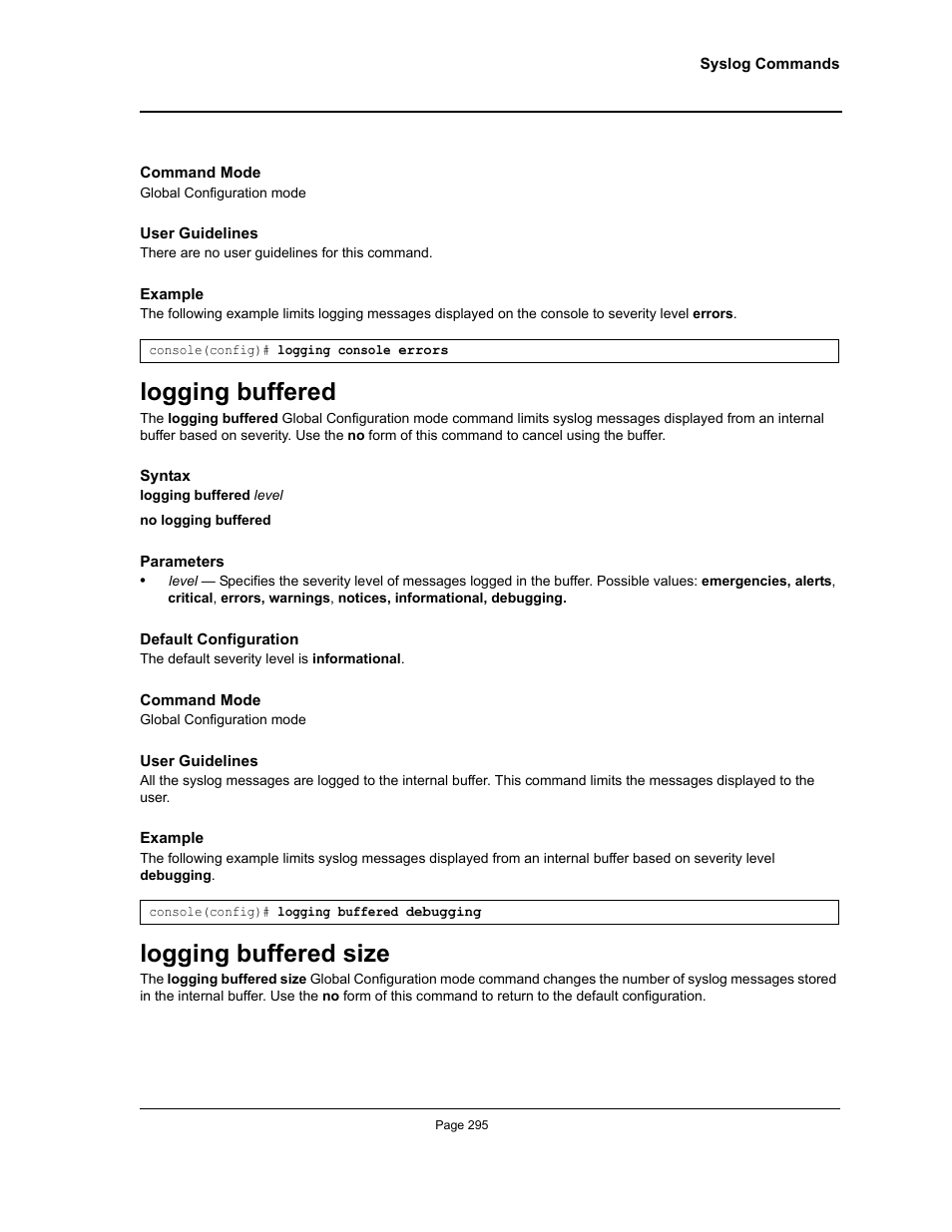 Logging buffered, Logging buffered size, Logging buffered logging buffered size | Allied Telesis AT-S95 CLI User Manual | Page 295 / 392