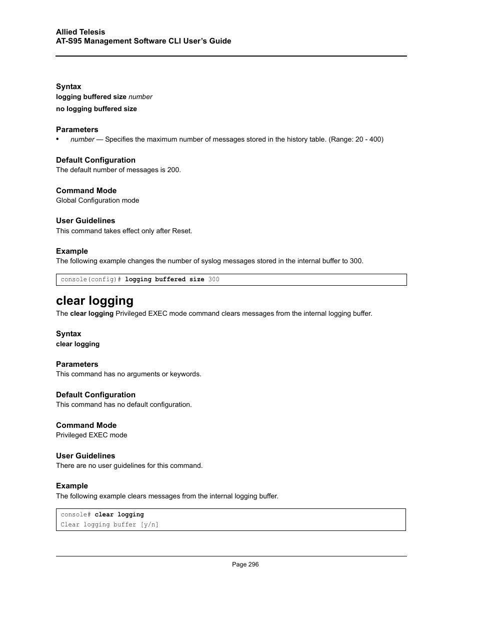 Clear logging | Allied Telesis AT-S95 CLI User Manual | Page 296 / 392
