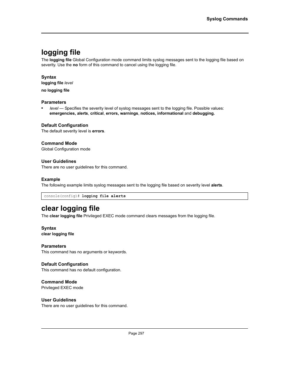 Logging file, Clear logging file, Logging file clear logging file | Allied Telesis AT-S95 CLI User Manual | Page 297 / 392