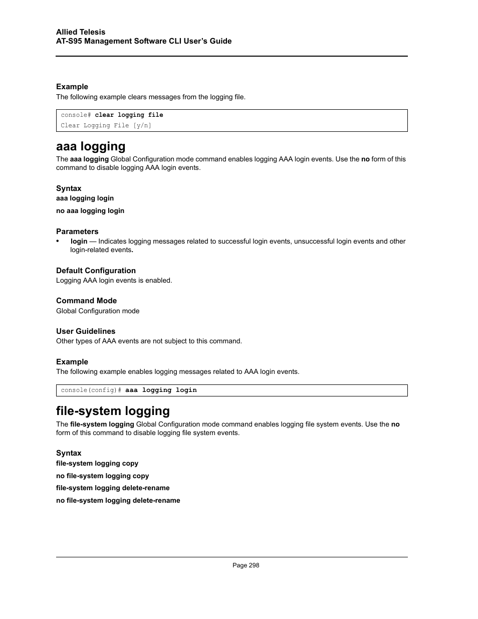 Aaa logging, File-system logging, Aaa logging file-system logging | Allied Telesis AT-S95 CLI User Manual | Page 298 / 392