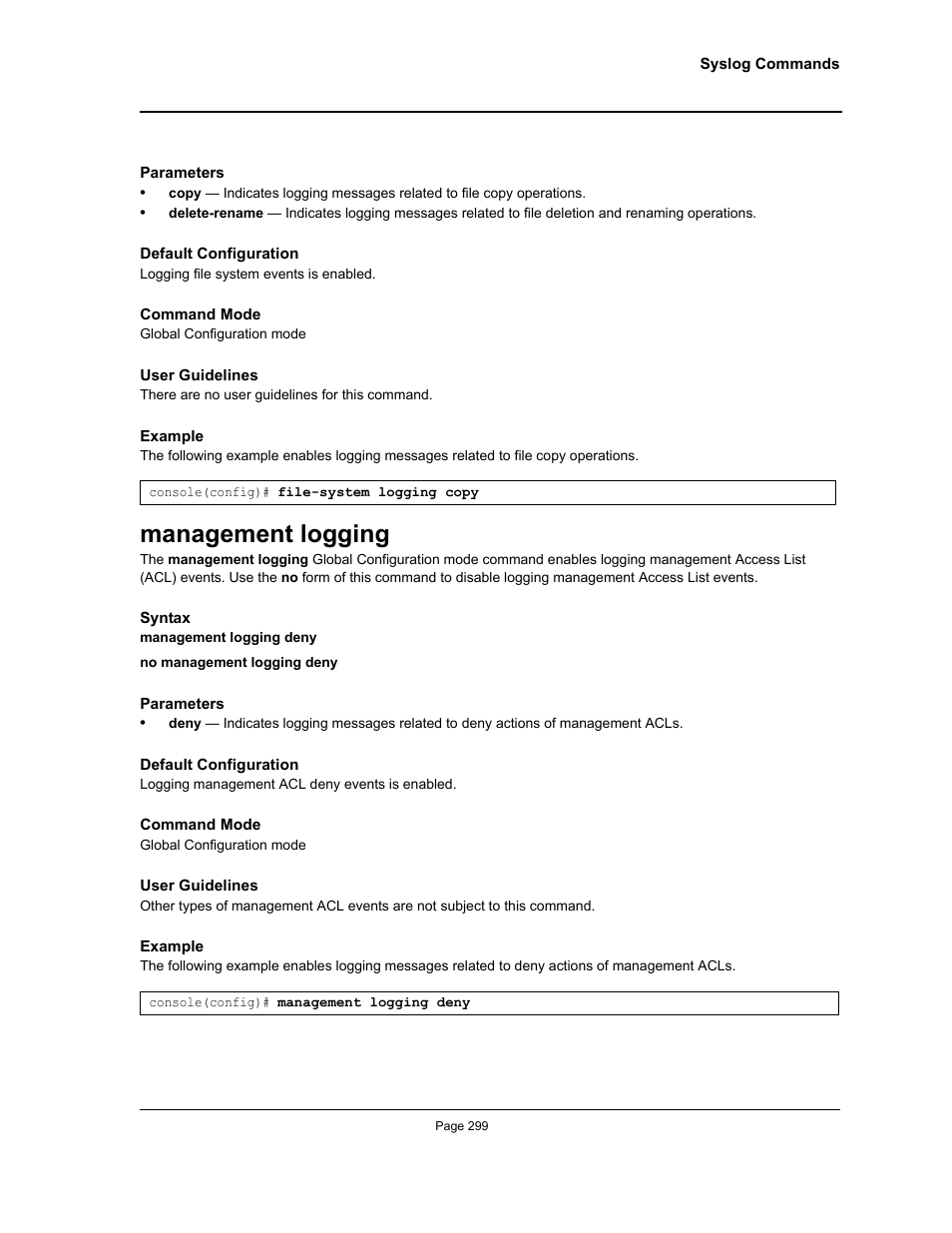 Management logging | Allied Telesis AT-S95 CLI User Manual | Page 299 / 392