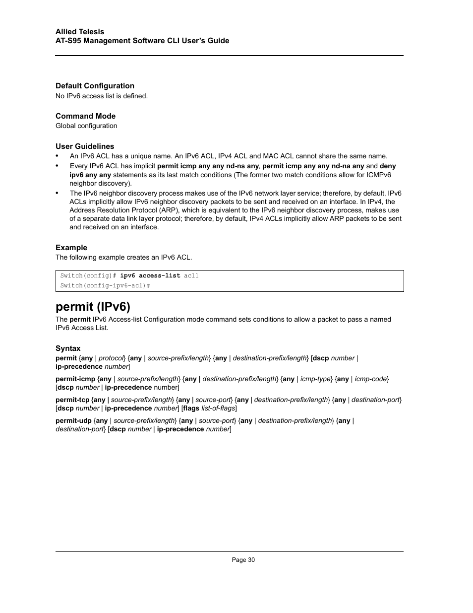 Permit (ipv6) | Allied Telesis AT-S95 CLI User Manual | Page 30 / 392