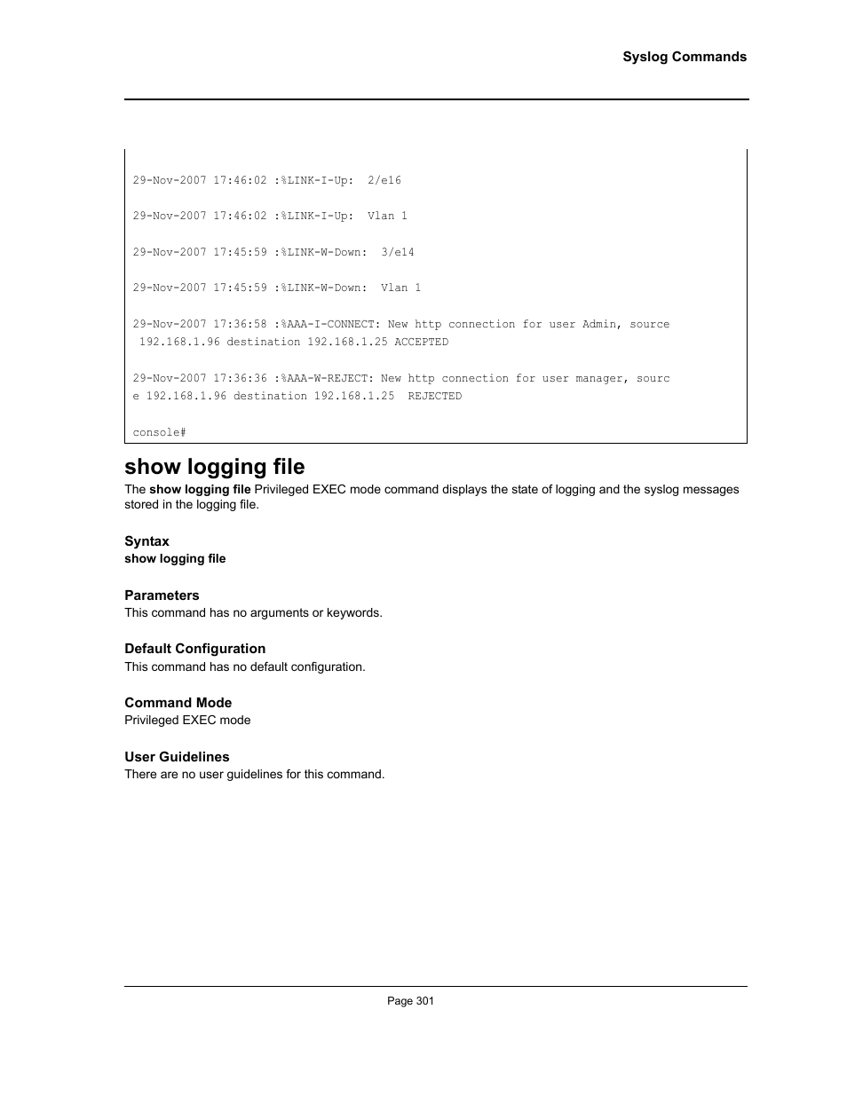 Show logging file | Allied Telesis AT-S95 CLI User Manual | Page 301 / 392