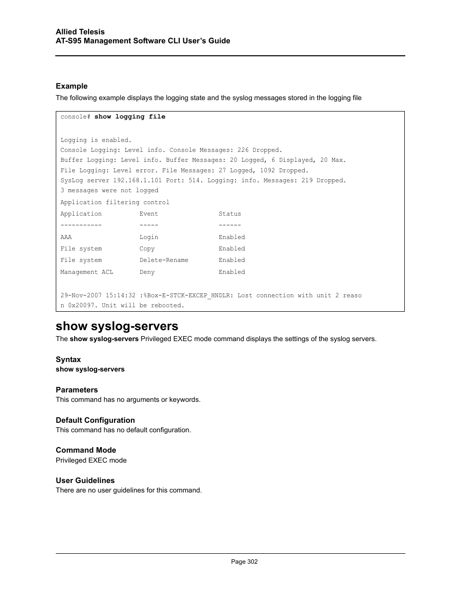 Show syslog-servers | Allied Telesis AT-S95 CLI User Manual | Page 302 / 392