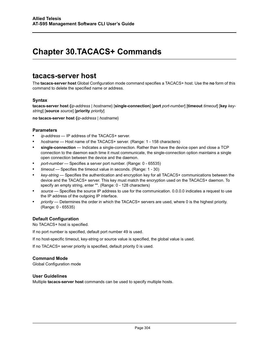 Chapter 30. tacacs+ commands, Tacacs-server host, Chapter 30.tacacs+ commands | Chapter 30. "tacacs+ commands | Allied Telesis AT-S95 CLI User Manual | Page 304 / 392